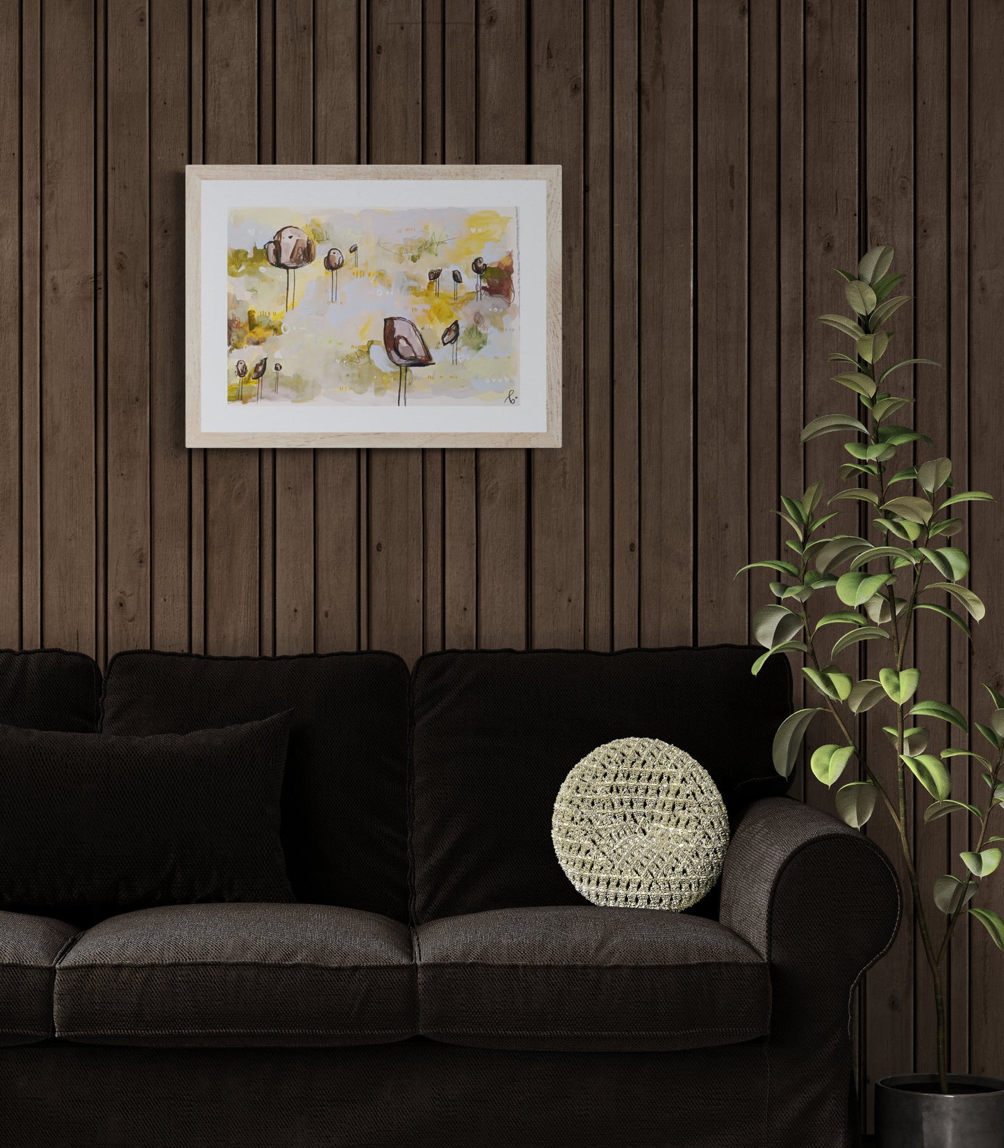 cookie coterie, gold and umber birds mixed media original painting on paper, 15x22, Bella Joie Fine Art, dark room mock up