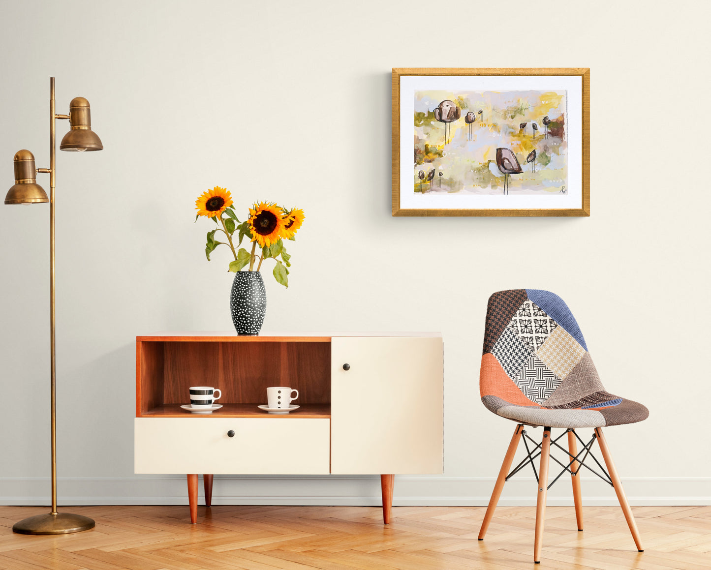cookie coterie, gold and umber birds mixed media original painting on paper, 15x22, Bella Joie Fine Art, light room mock up