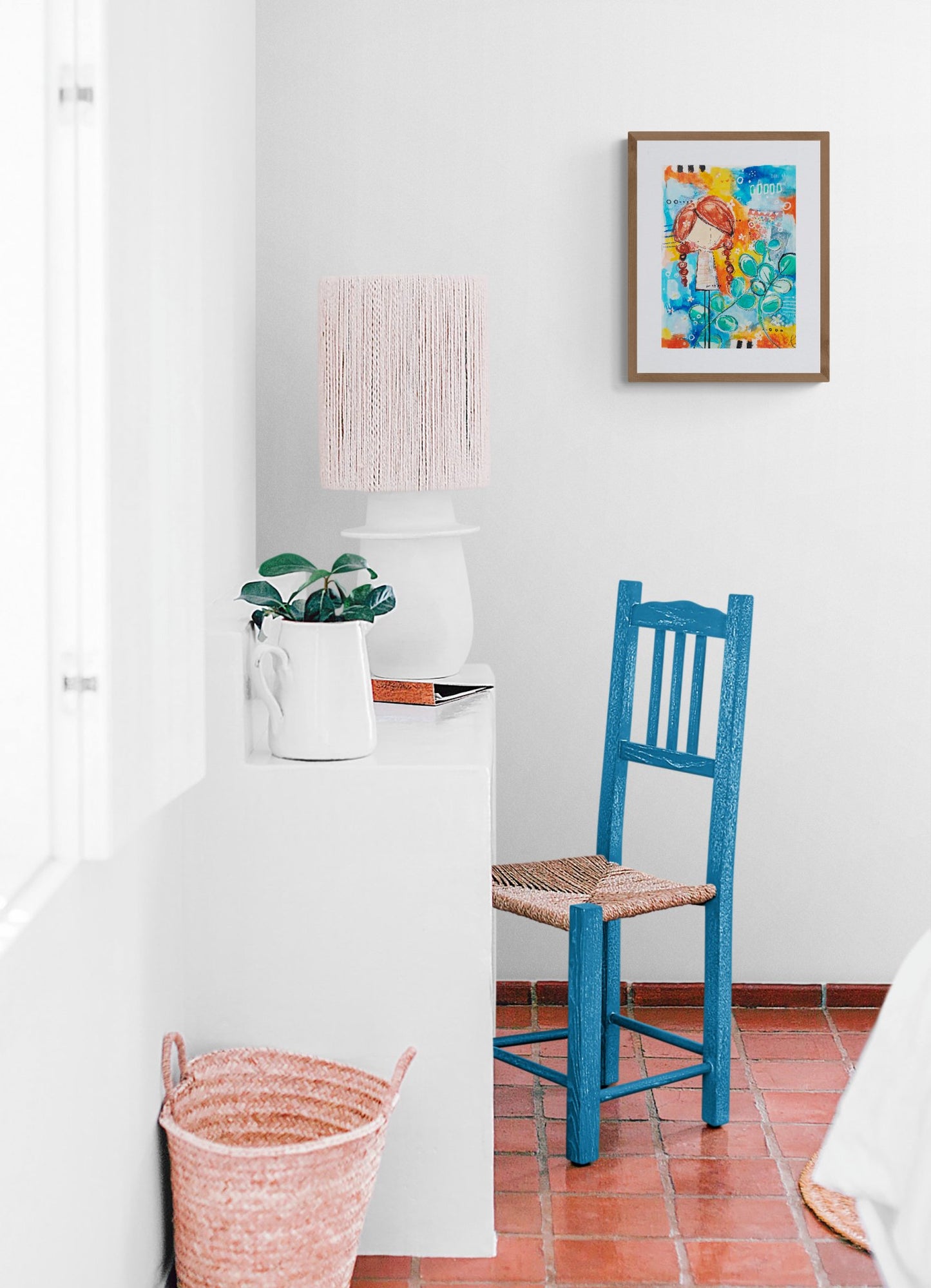 cora, abstract figurative mixed media original painting, mock up in light themed room, Bella Joie Art