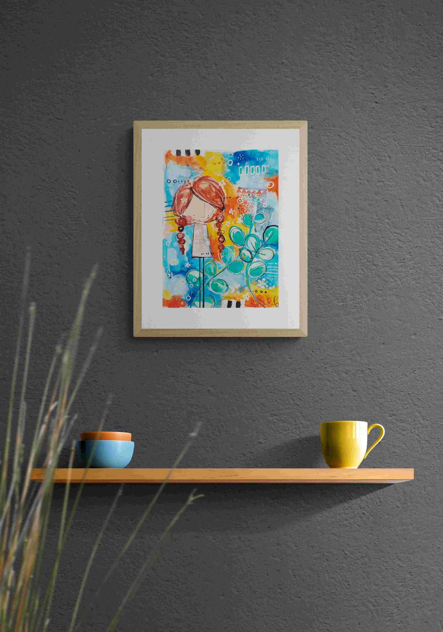 cora, abstract figurative mixed media original painting, mock up in dark themed room, Bella Joie Art
