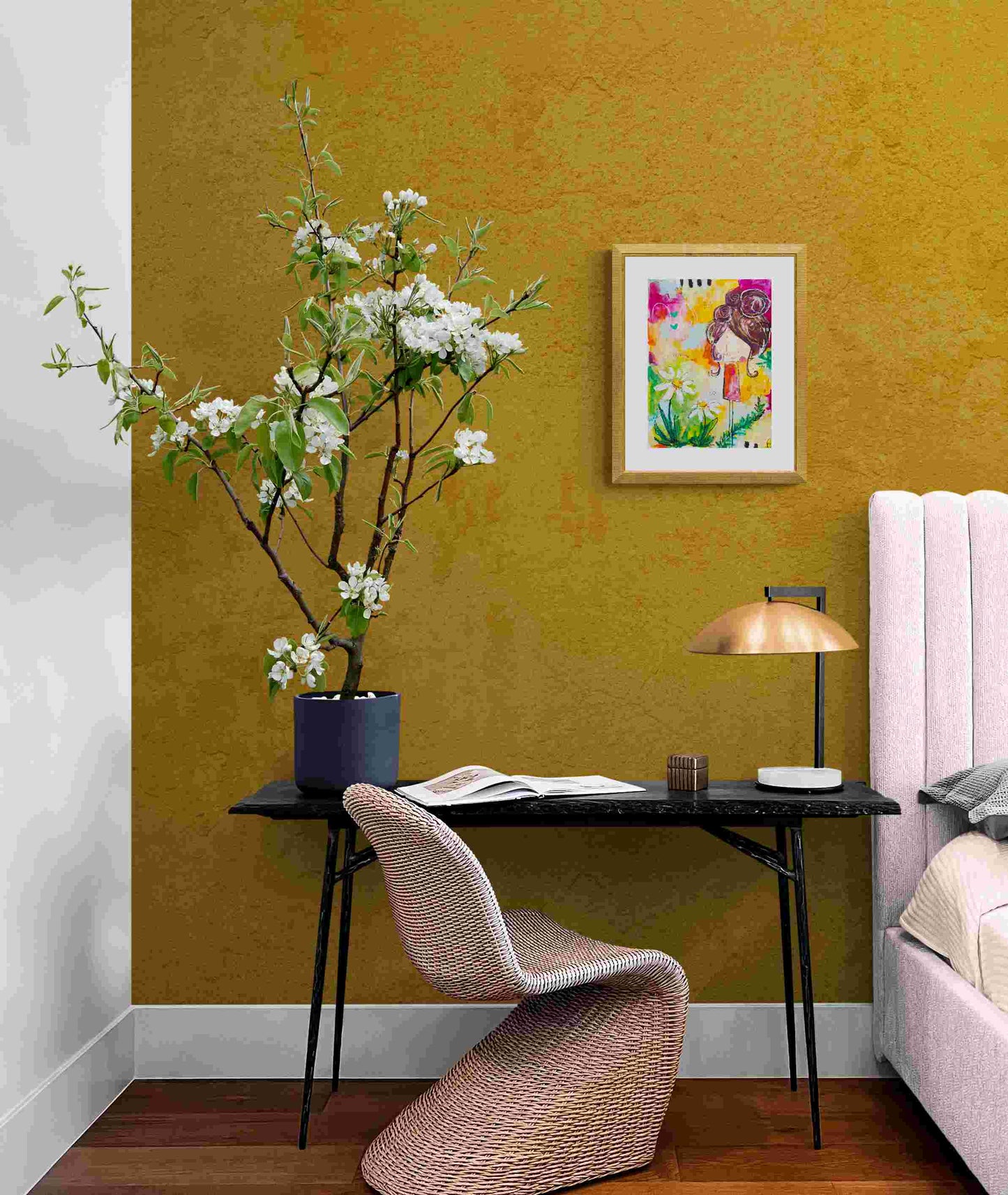 daphne, abstract figurative mixed media original painting, mock up in dark themed room, Bella Joie Art