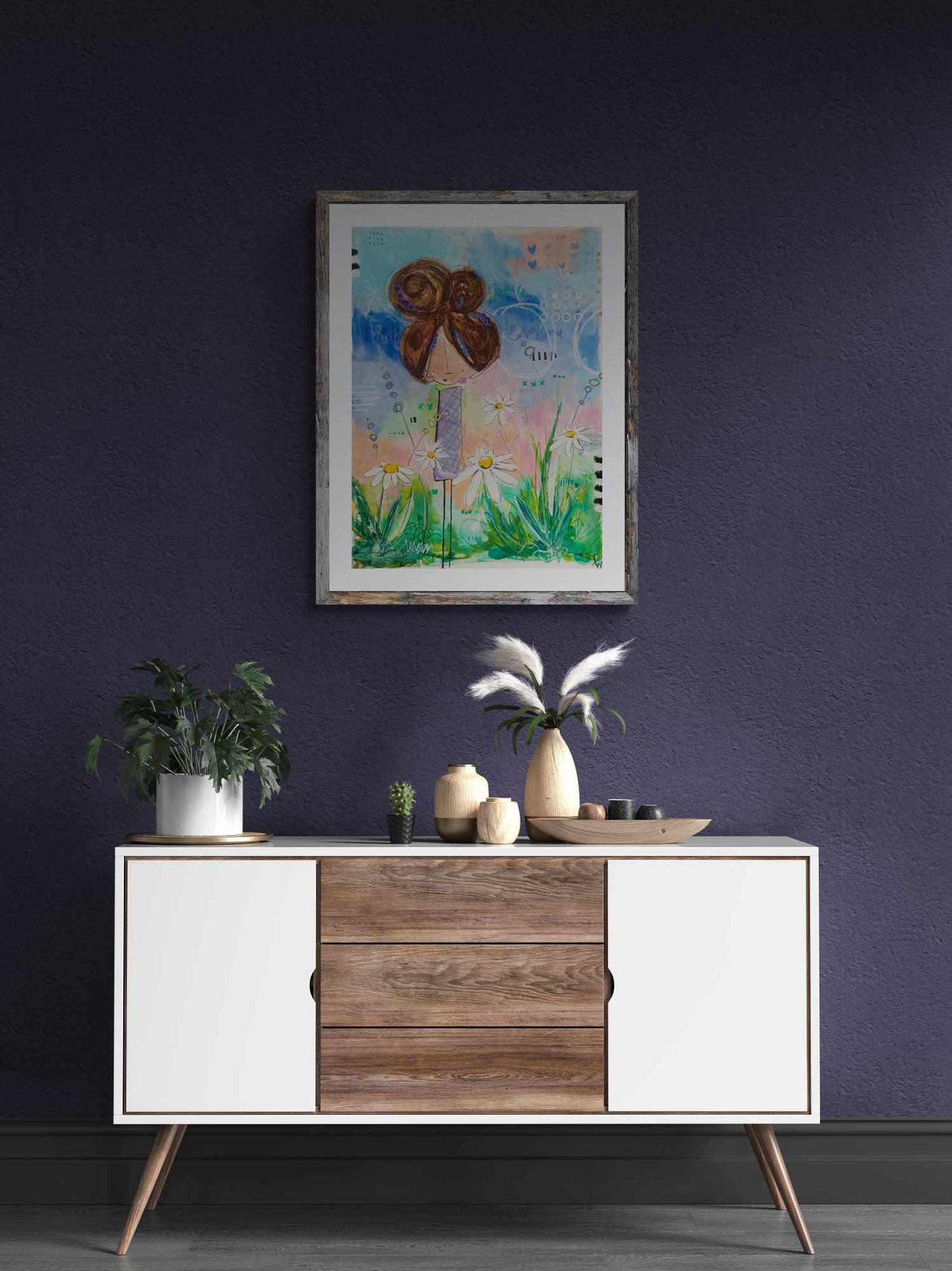 dorothea, abstract figurative mixed media original painting, mock up in dark themed room, Bella Joie Art