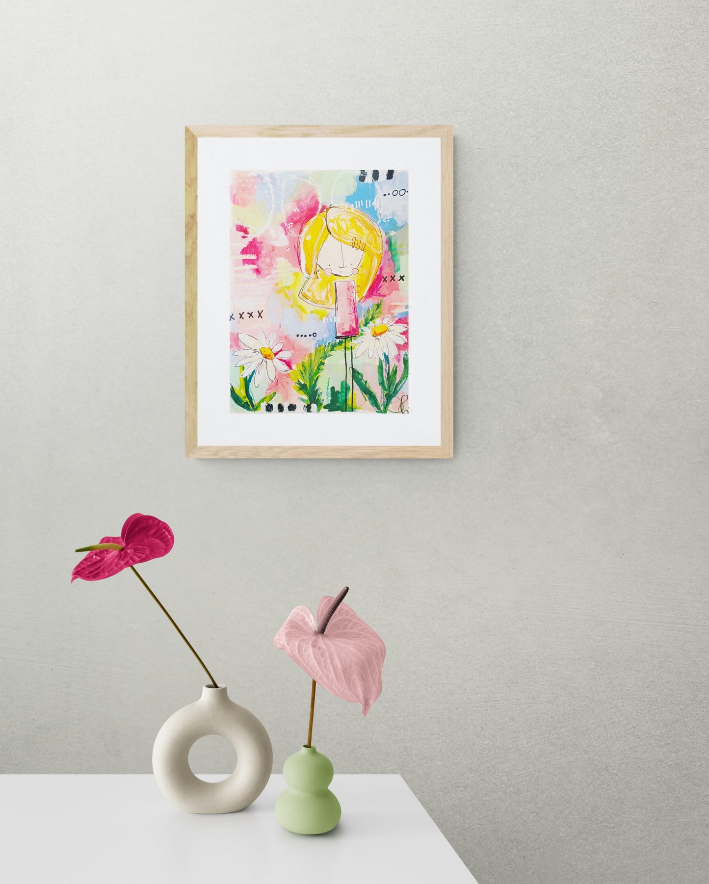 cora, abstract figurative mixed media original painting, mock up in light themed room, Bella Joie Art