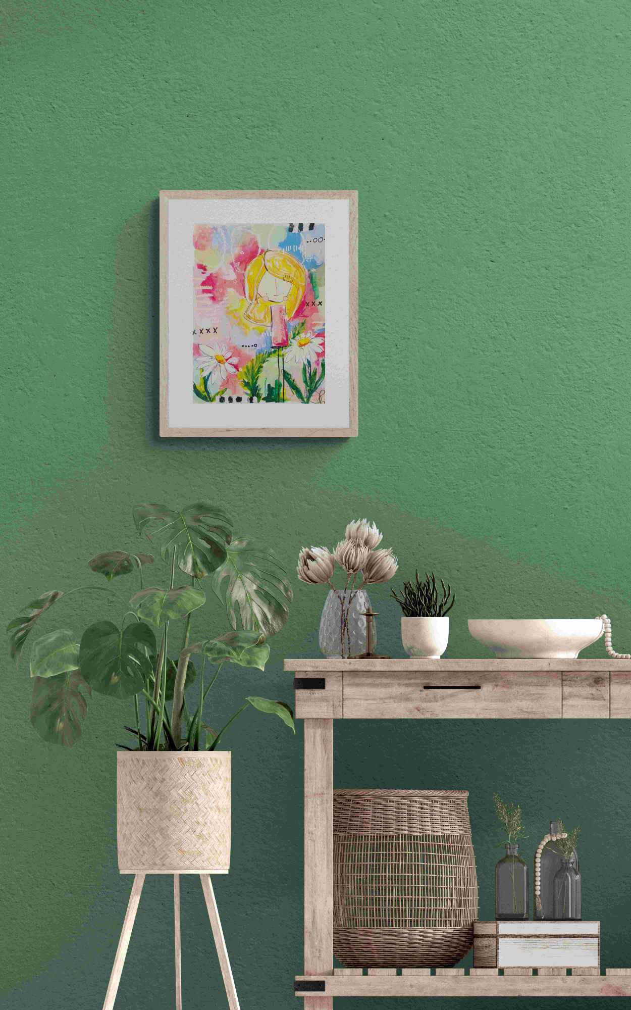 cora, abstract figurative mixed media original painting, mock up in dark themed room, Bella Joie Art