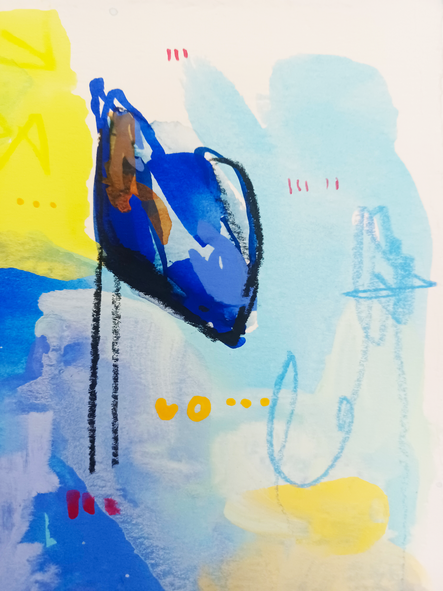 gumdrop guild, yellow and blue birds mixed media painting on paper, 11x15, Bella Joie Fine Art, close up details