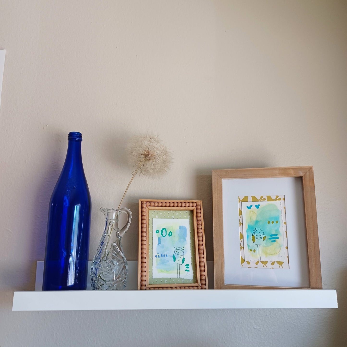 Birdie Mae, framed mixed media original owl sketch, mock up on aesthetic shelf, Bella Joie Art, free shipping