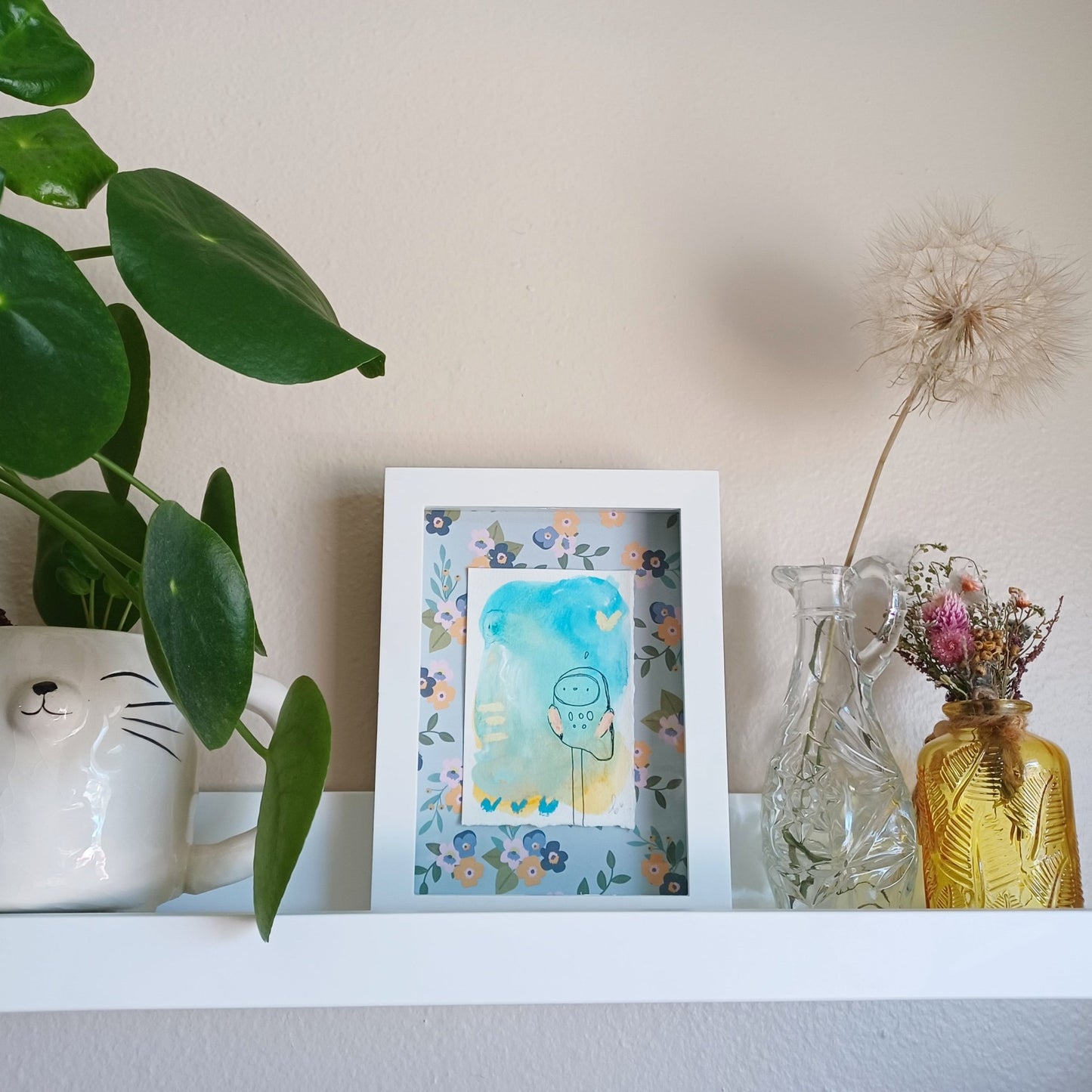 elsie, framed mixed media original sketch, mock up on aesthetic shelf, Bella Joie Art, free shipping
