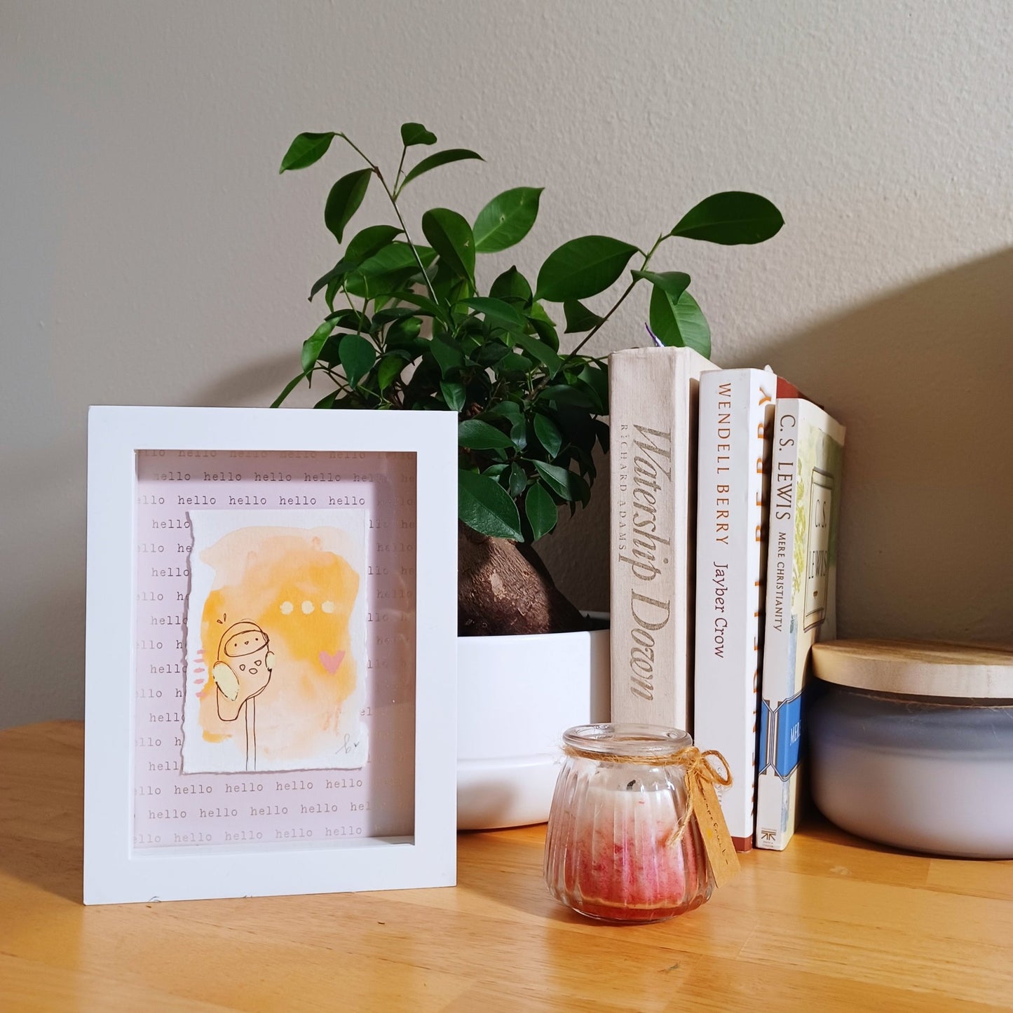 Junie, framed mixed media original owl sketch, mock up on aesthetic shelf, Bella Joie Art, free shipping