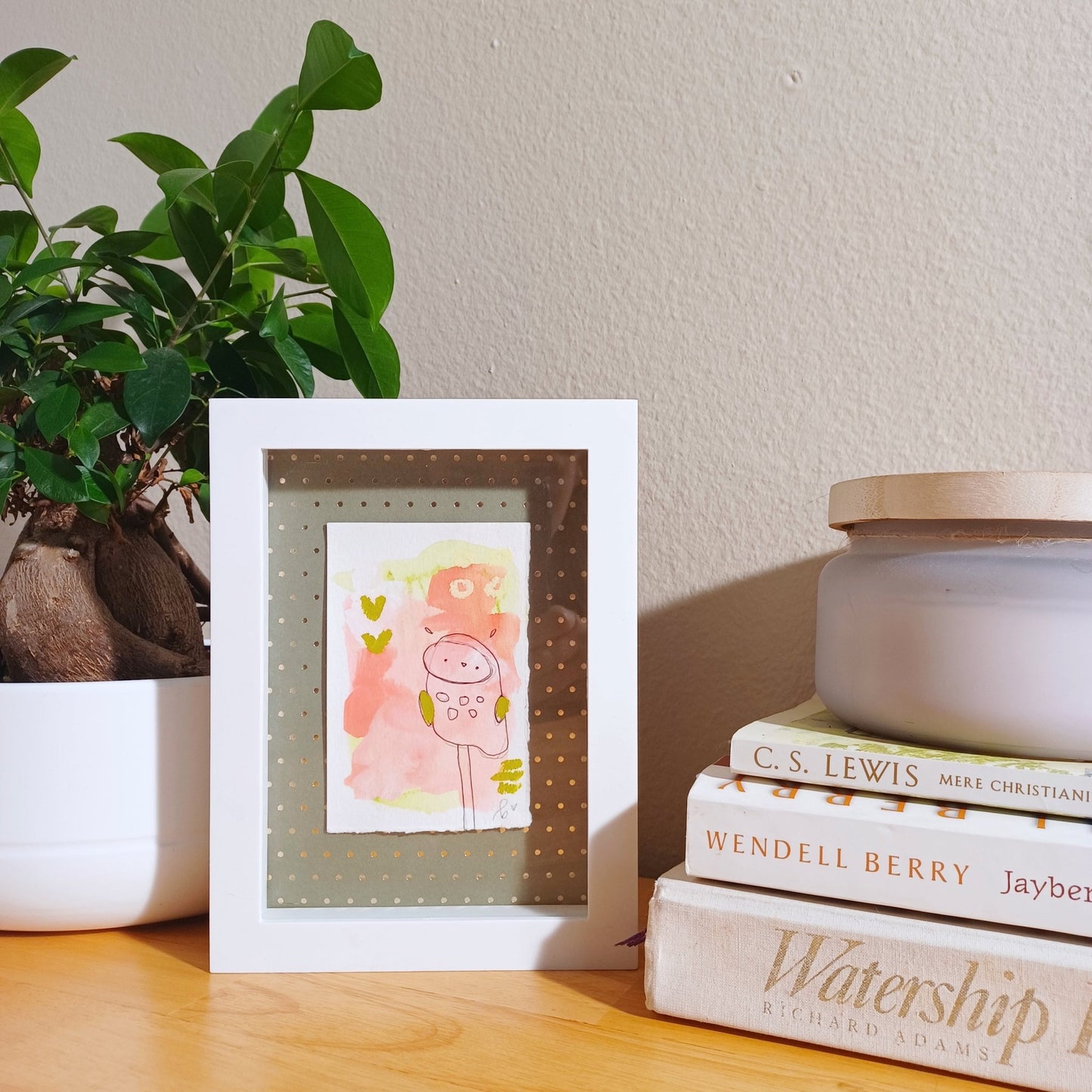 Lucille, framed mixed media original owl sketch, mock up on aesthetic shelf, Bella Joie Art, free shipping