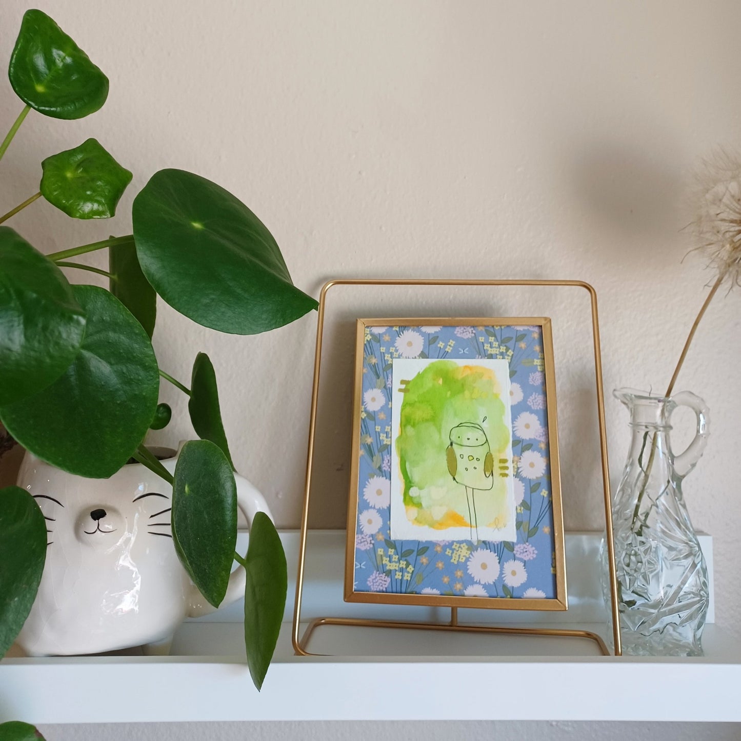 Miss Daisy, framed mixed media original sketch, mock up on aesthetic shelf, Bella Joie Art, free shipping
