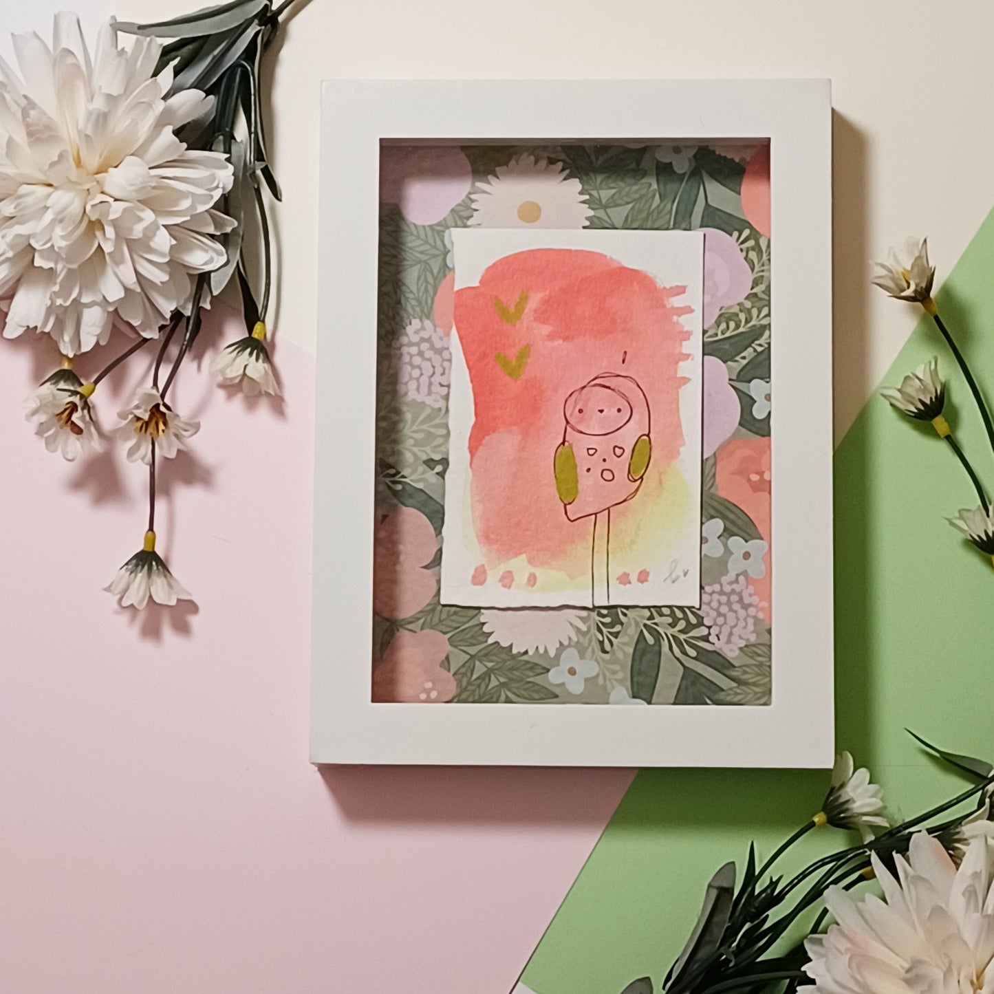 Rosie, framed mixed media original sketch, mock up on aesthetic flatlay, Bella Joie Art, free shipping