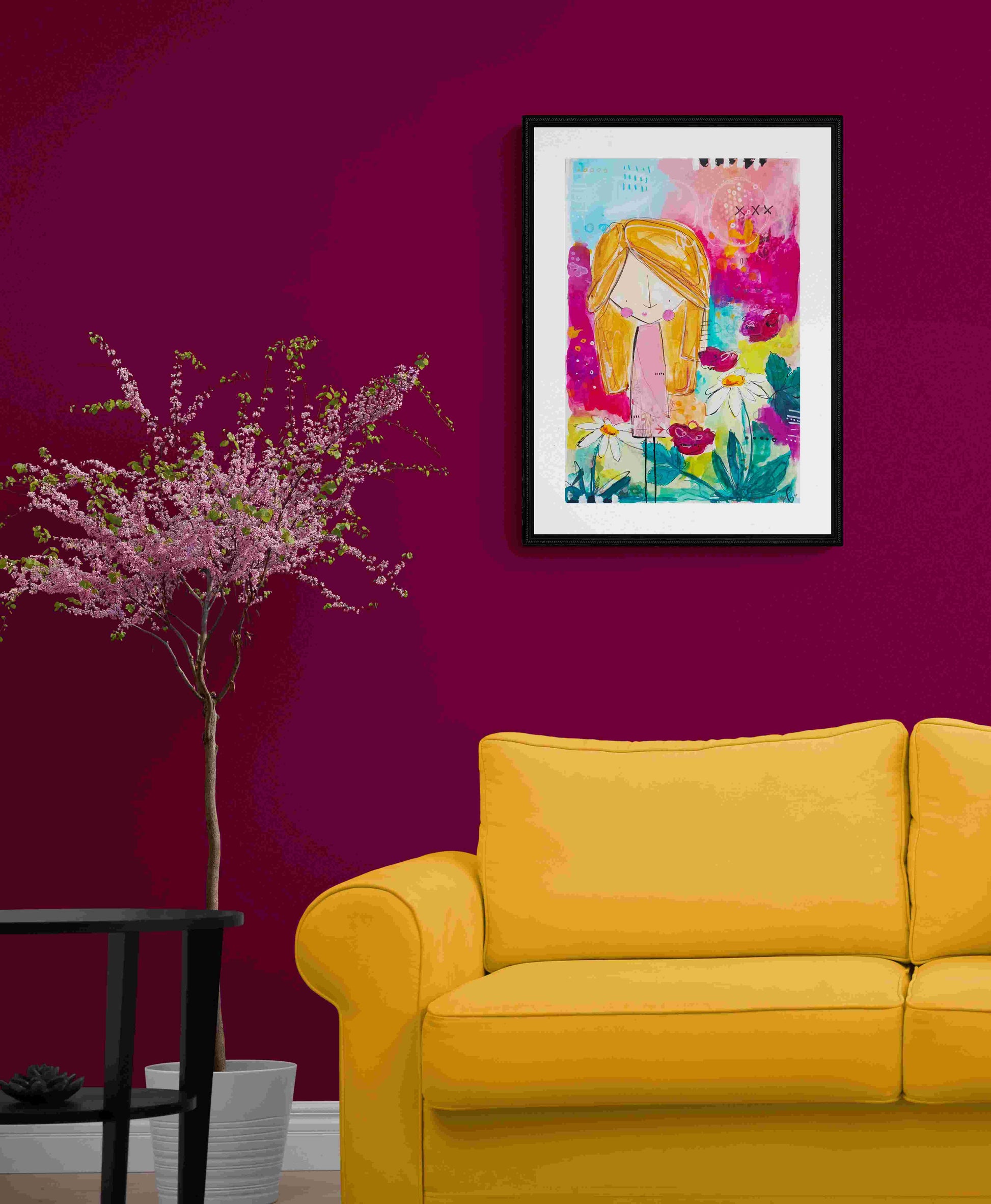 anastasia, mixed media abstract figurative original painting, mock up in dark themed room, Bella Joie Art