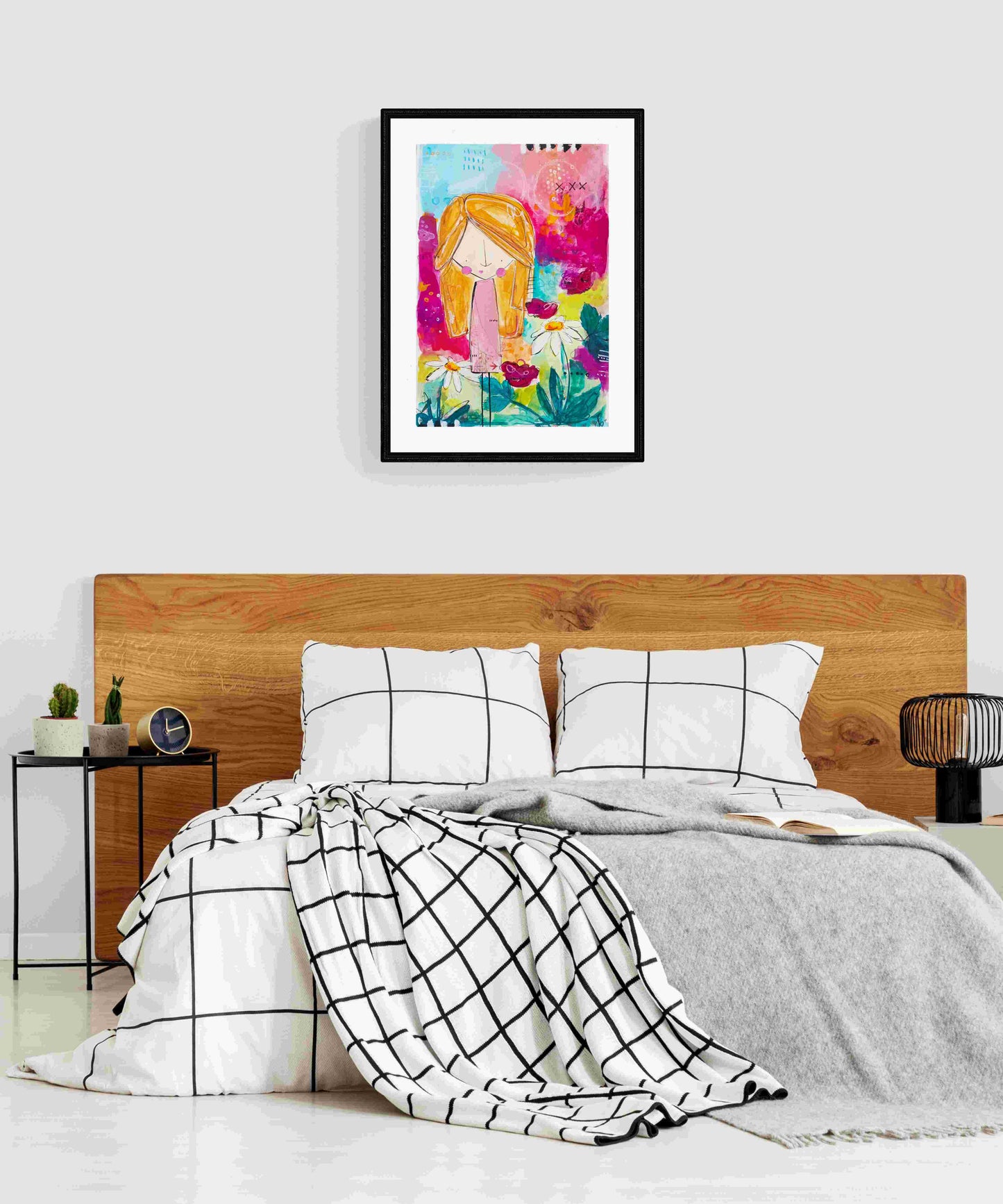anastasia, mixed media abstract figurative original painting, mock up in a bright white room, Bella Joie Art