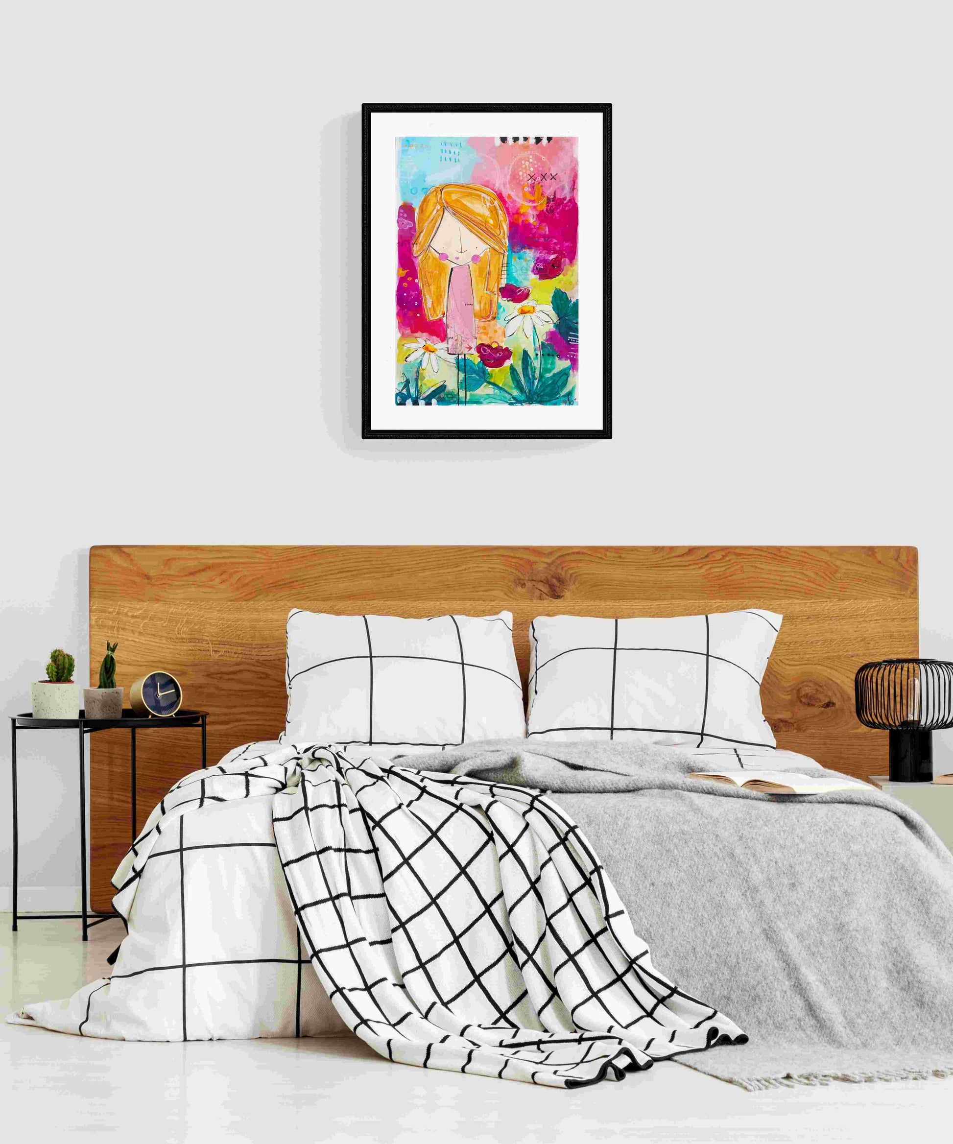 anastasia, mixed media abstract figurative original painting, mock up in a bright white room, Bella Joie Art