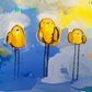 butterscotch band, flock series, yellow and blue birds, mixed media original painting,  details close up, Bella Joie Fine Art