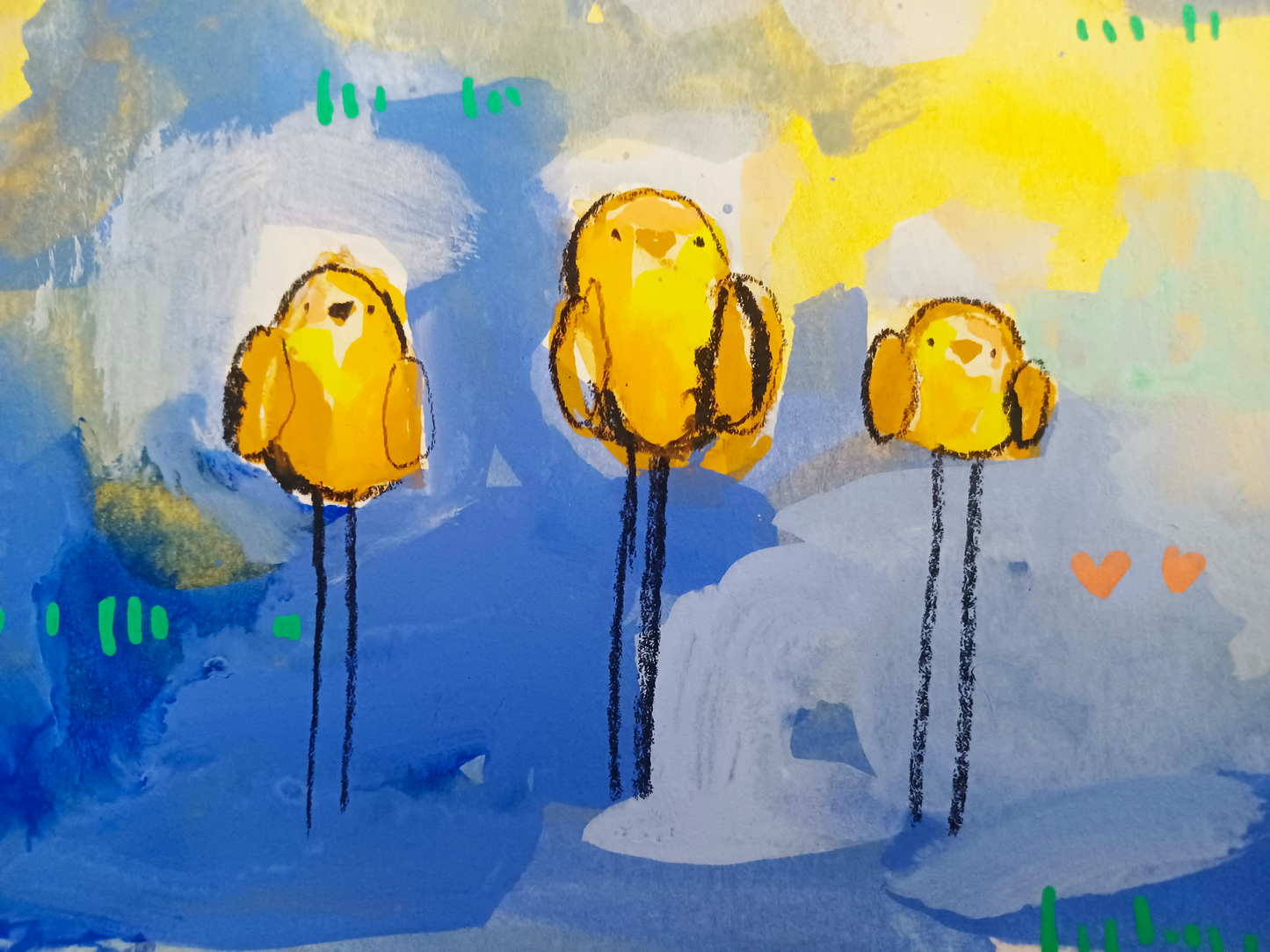 butterscotch band, flock series, yellow and blue birds, mixed media original painting,  details close up, Bella Joie Fine Art