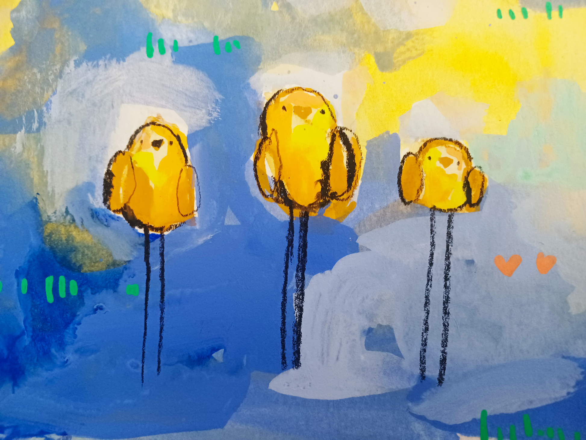 butterscotch band, flock series, yellow and blue birds, mixed media original painting,  details close up, Bella Joie Fine Art