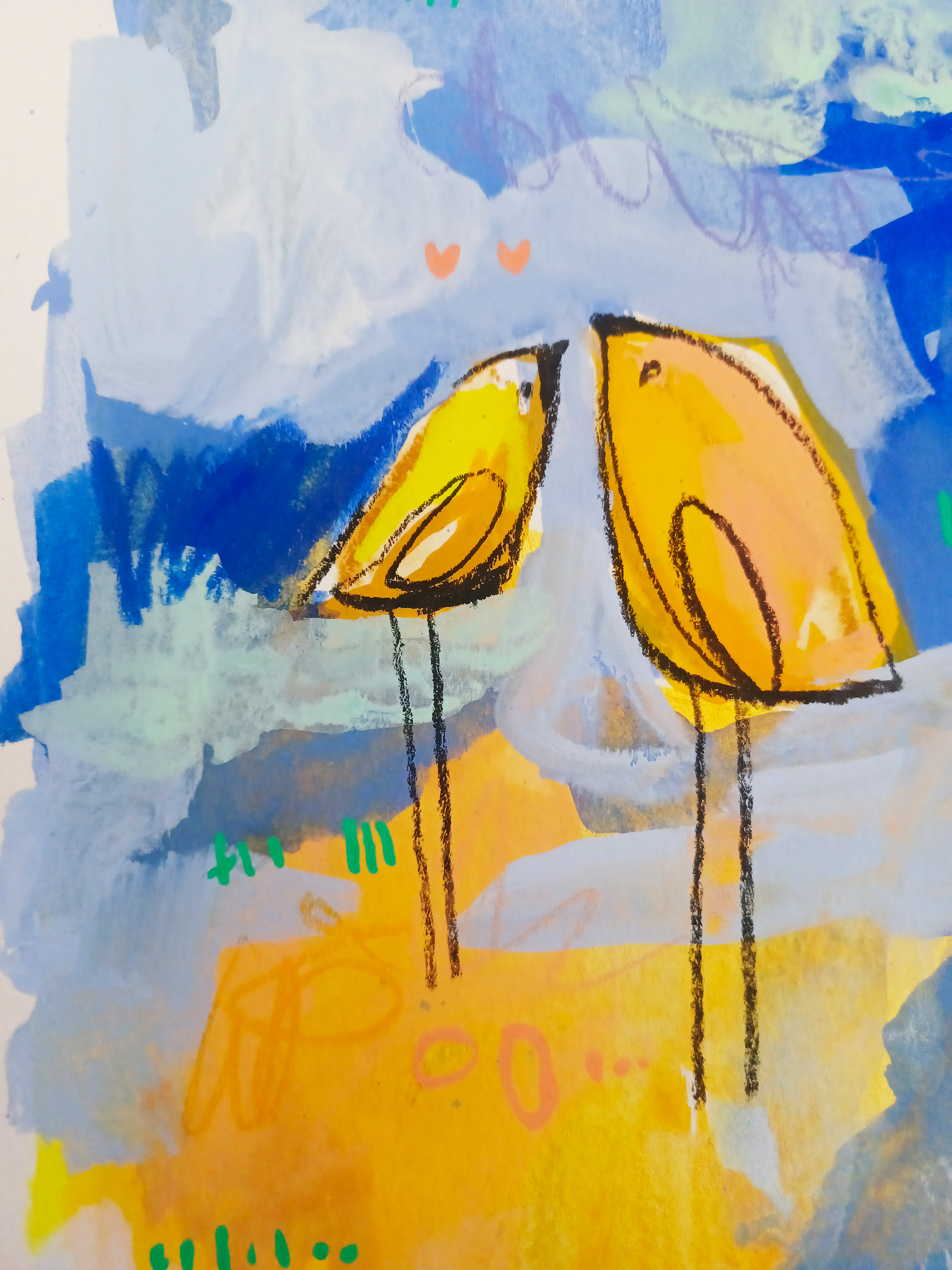 butterscotch band, flock series, yellow and blue birds, mixed media original painting,  details close up, Bella Joie Fine Art