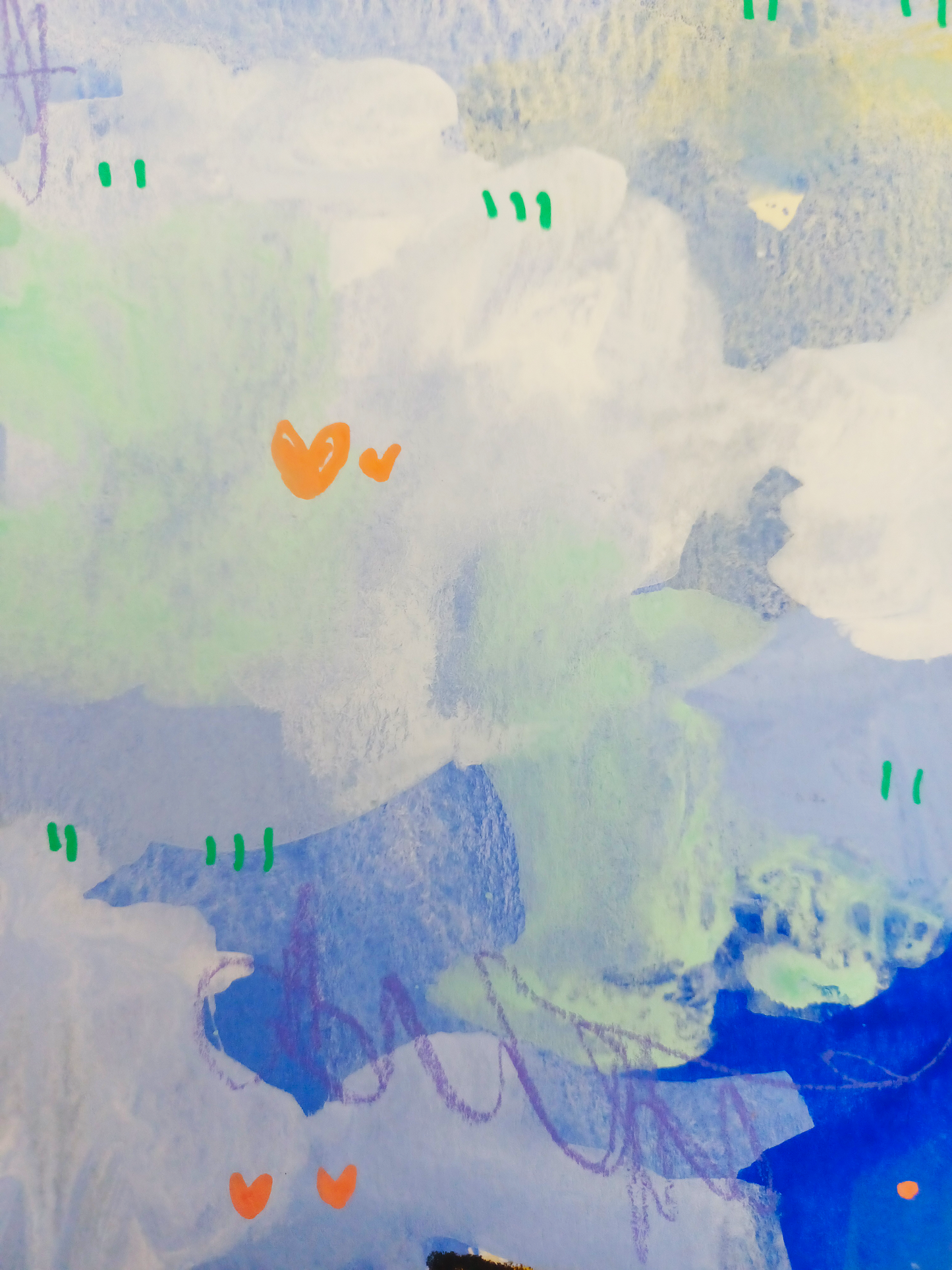 butterscotch band, flock series, yellow and blue birds, mixed media original painting,  details close up, Bella Joie Fine Art