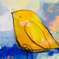 butterscotch band, flock series, yellow and blue birds, mixed media original painting,  details close up, Bella Joie Fine Art