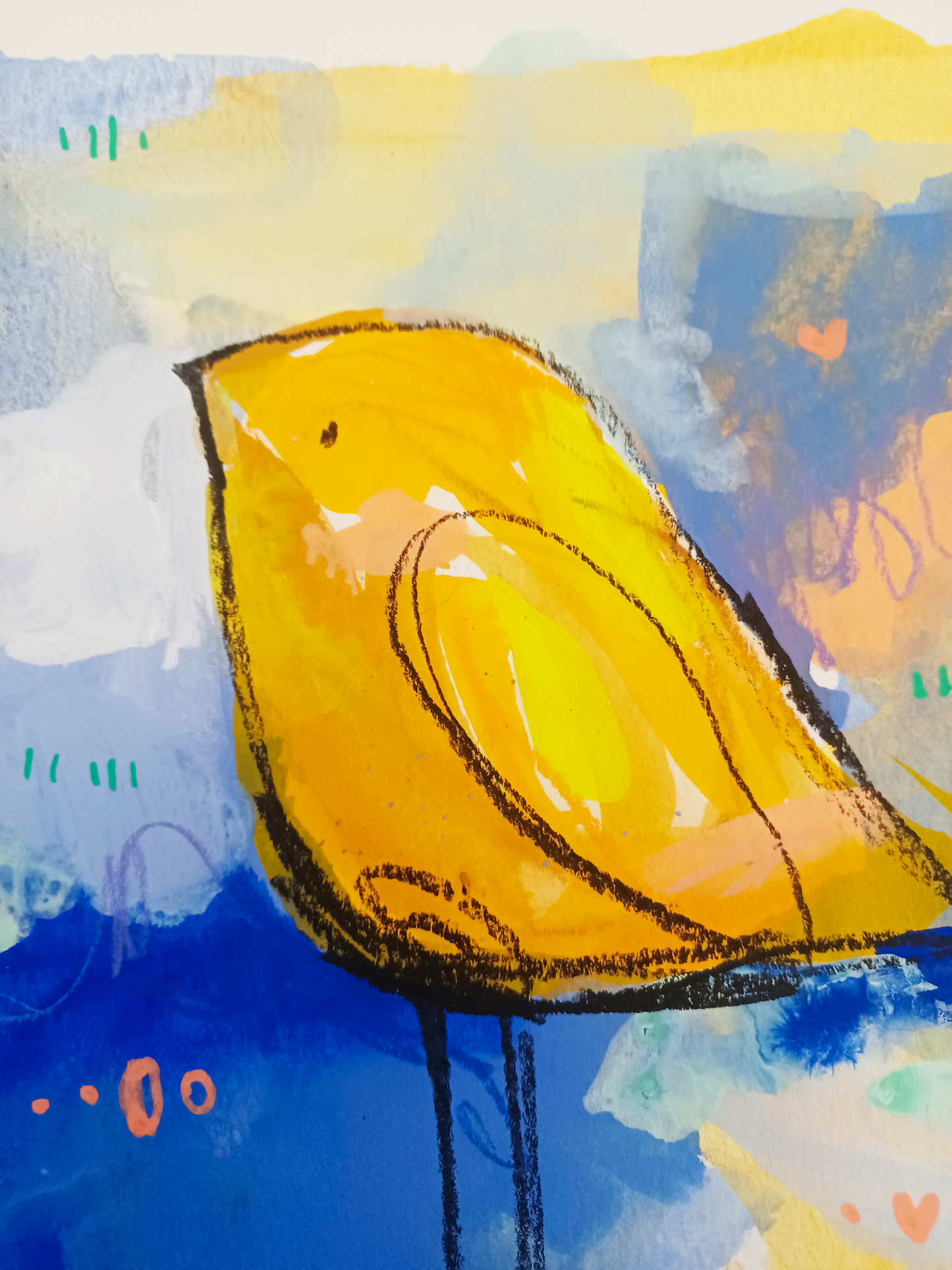 butterscotch band, flock series, yellow and blue birds, mixed media original painting,  details close up, Bella Joie Fine Art