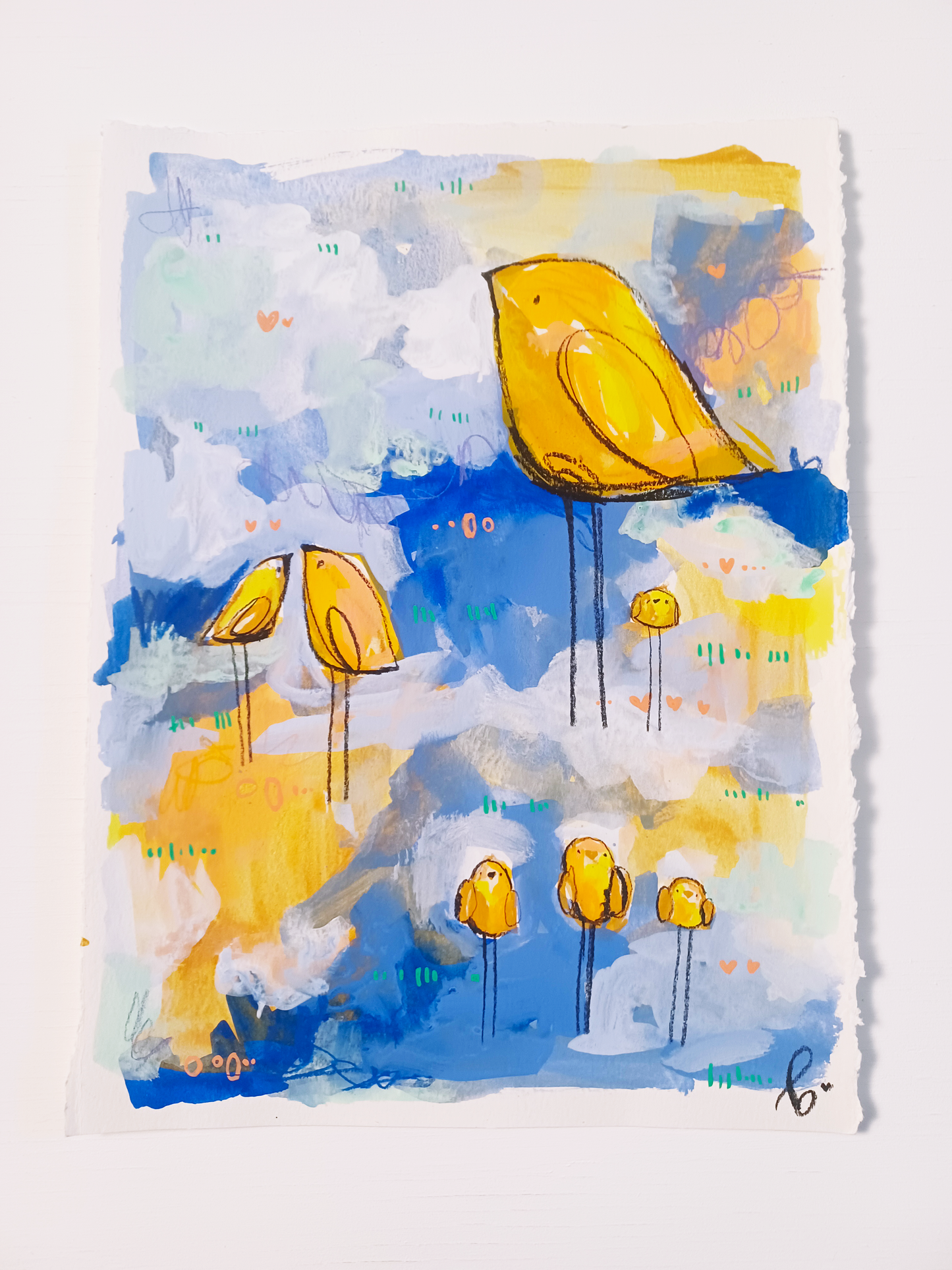 butterscotch band, flock series, yellow and blue bird painting, mixed media original painting,  Bella Joie Fine Art, free shipping