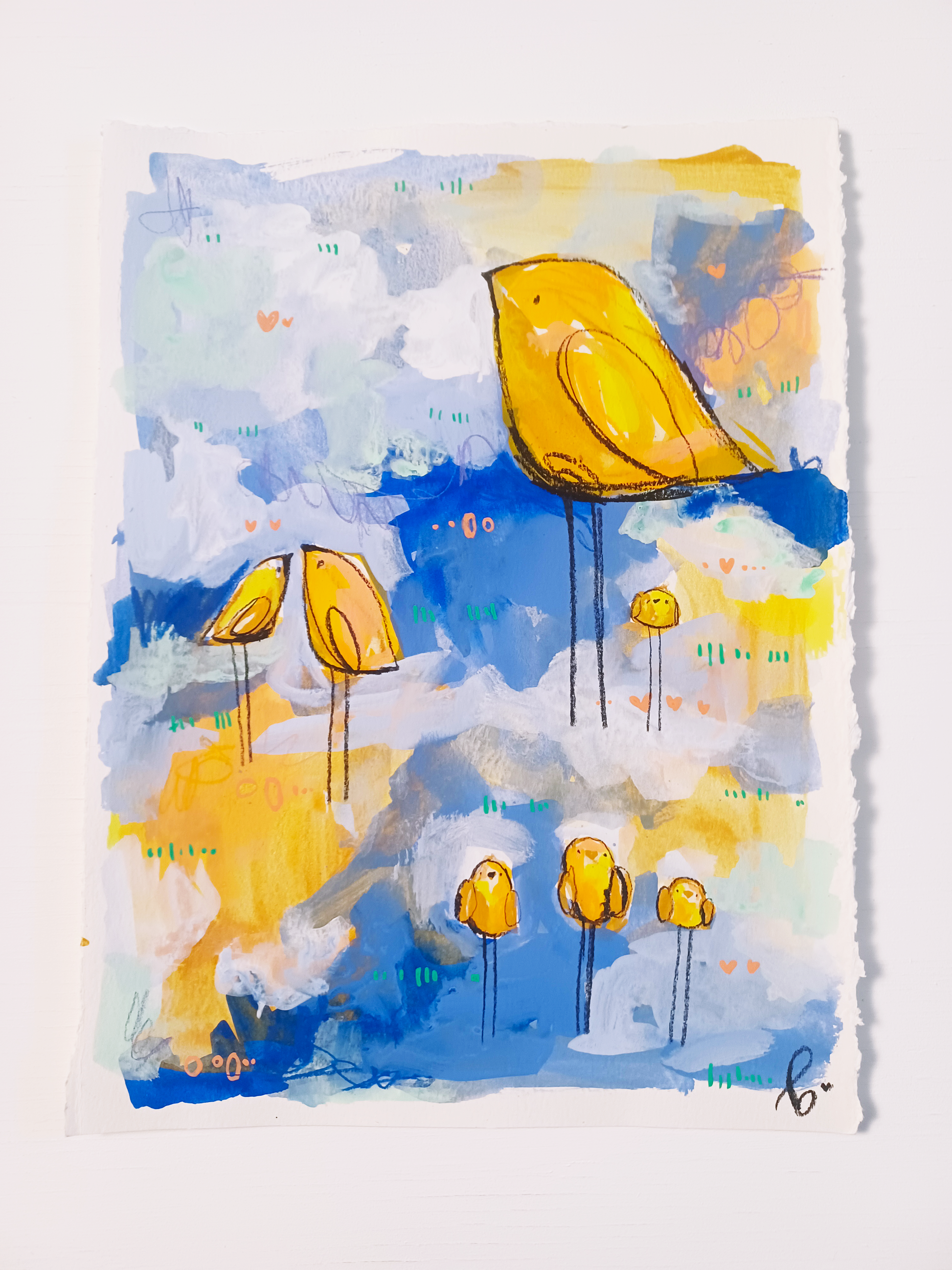 butterscotch band, flock series, yellow and blue bird painting, mixed media original painting,  Bella Joie Fine Art, free shipping
