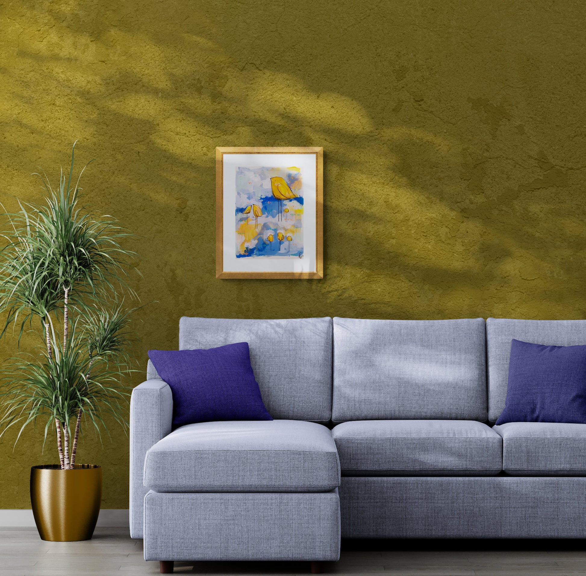 butterscotch band, flock series, yellow and blue bird painting, mixed media original painting,  mock up, Bella Joie Fine Art