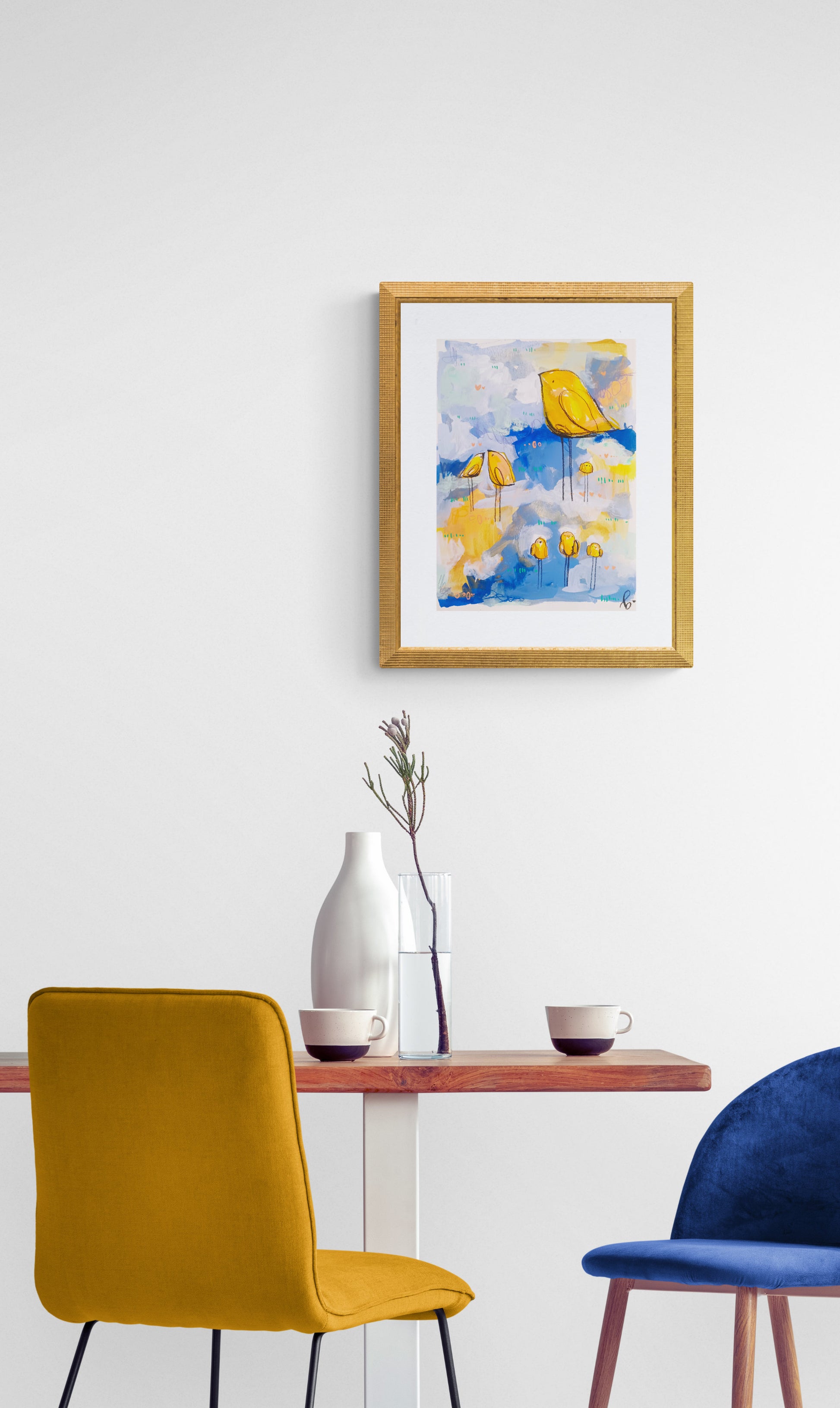 butterscotch band, flock series, yellow and blue bird painting, mixed media original painting,  mock up, Bella Joie Fine Art