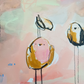 caramel collective, neutral and pink birds mixed media original painting on paper, 15x22, Bella Joie Fine Art, close up details