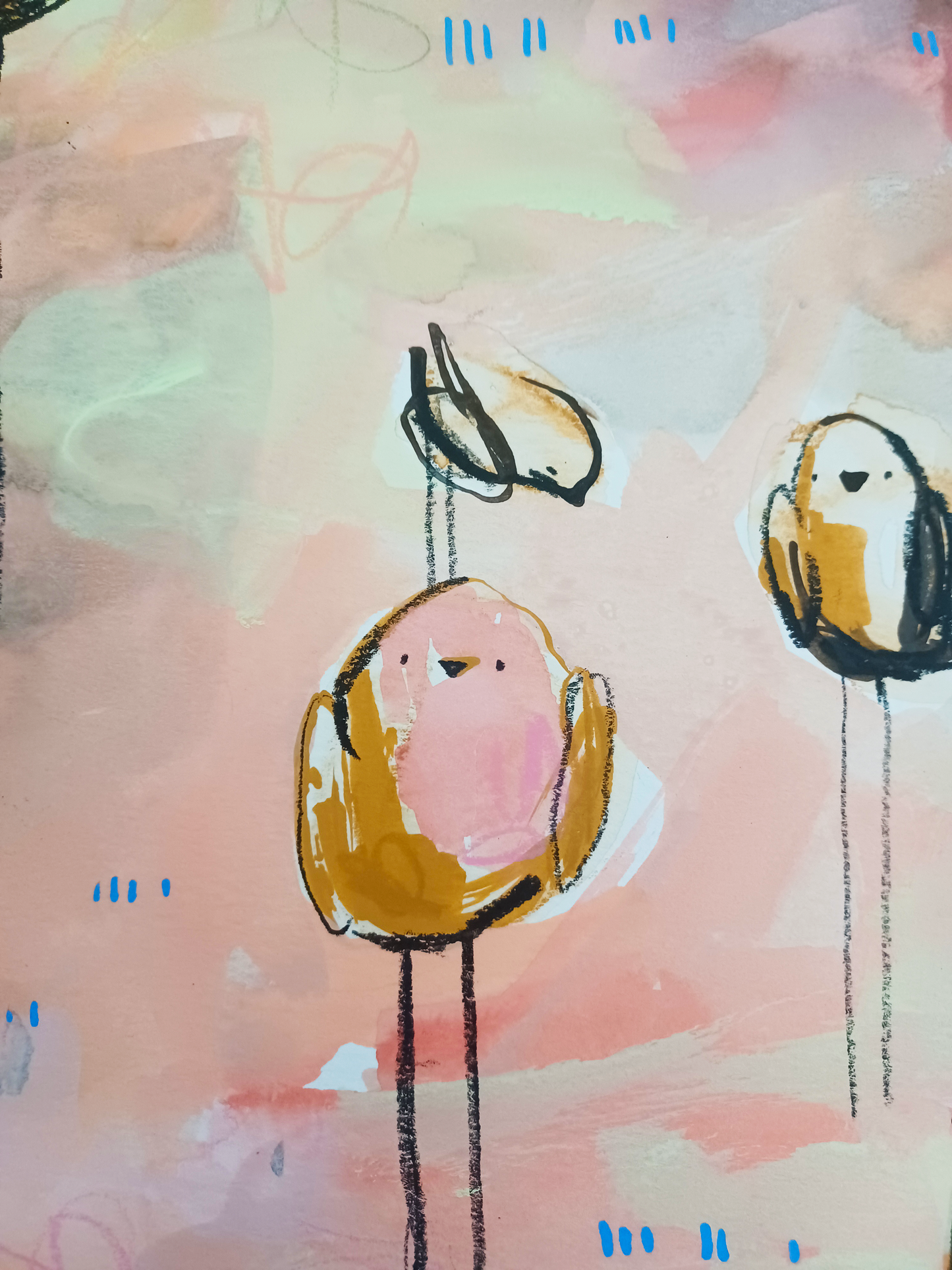 caramel collective, neutral and pink birds mixed media original painting on paper, 15x22, Bella Joie Fine Art, close up details