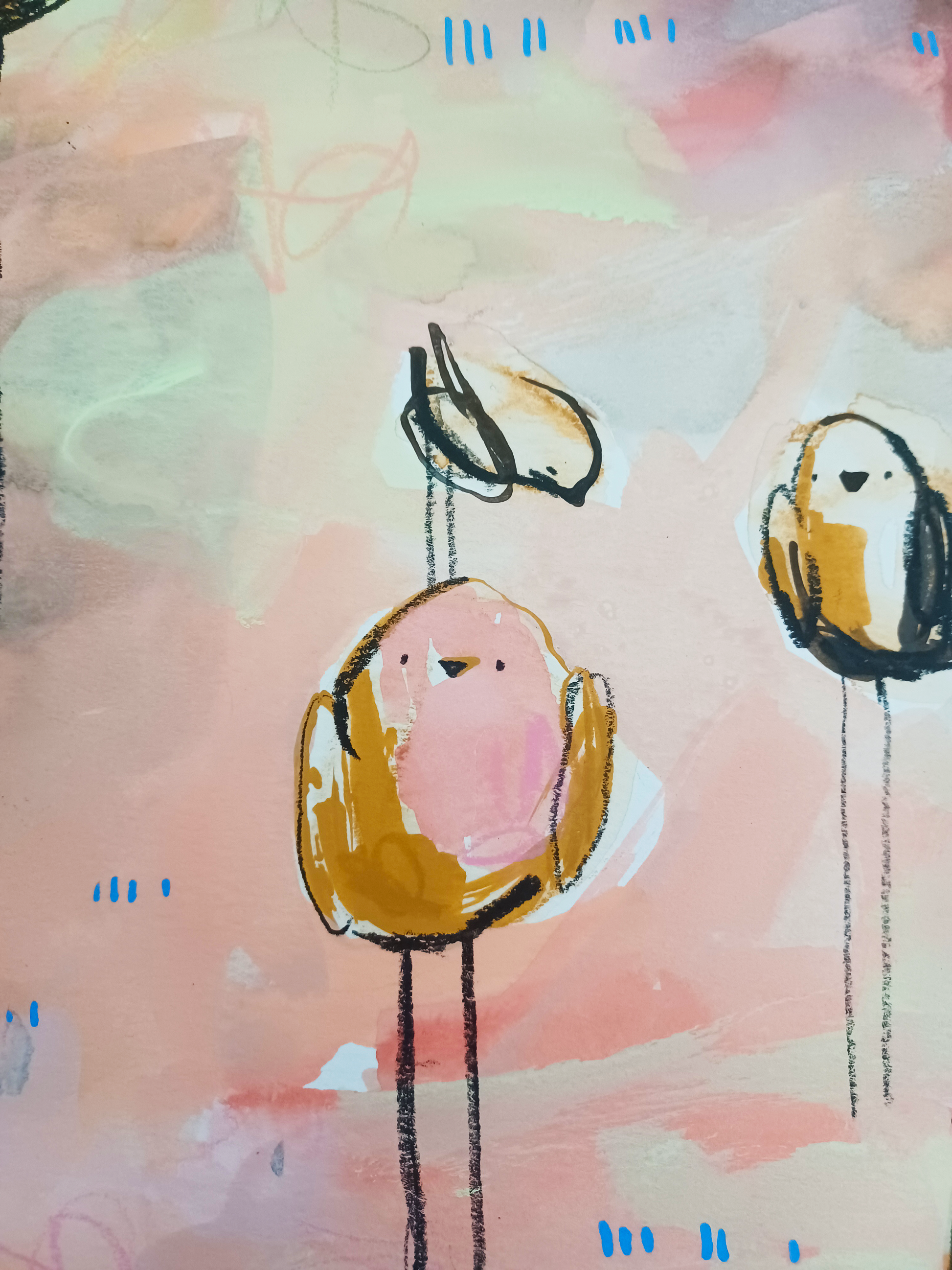 caramel collective, neutral and pink birds mixed media original painting on paper, 15x22, Bella Joie Fine Art, close up details