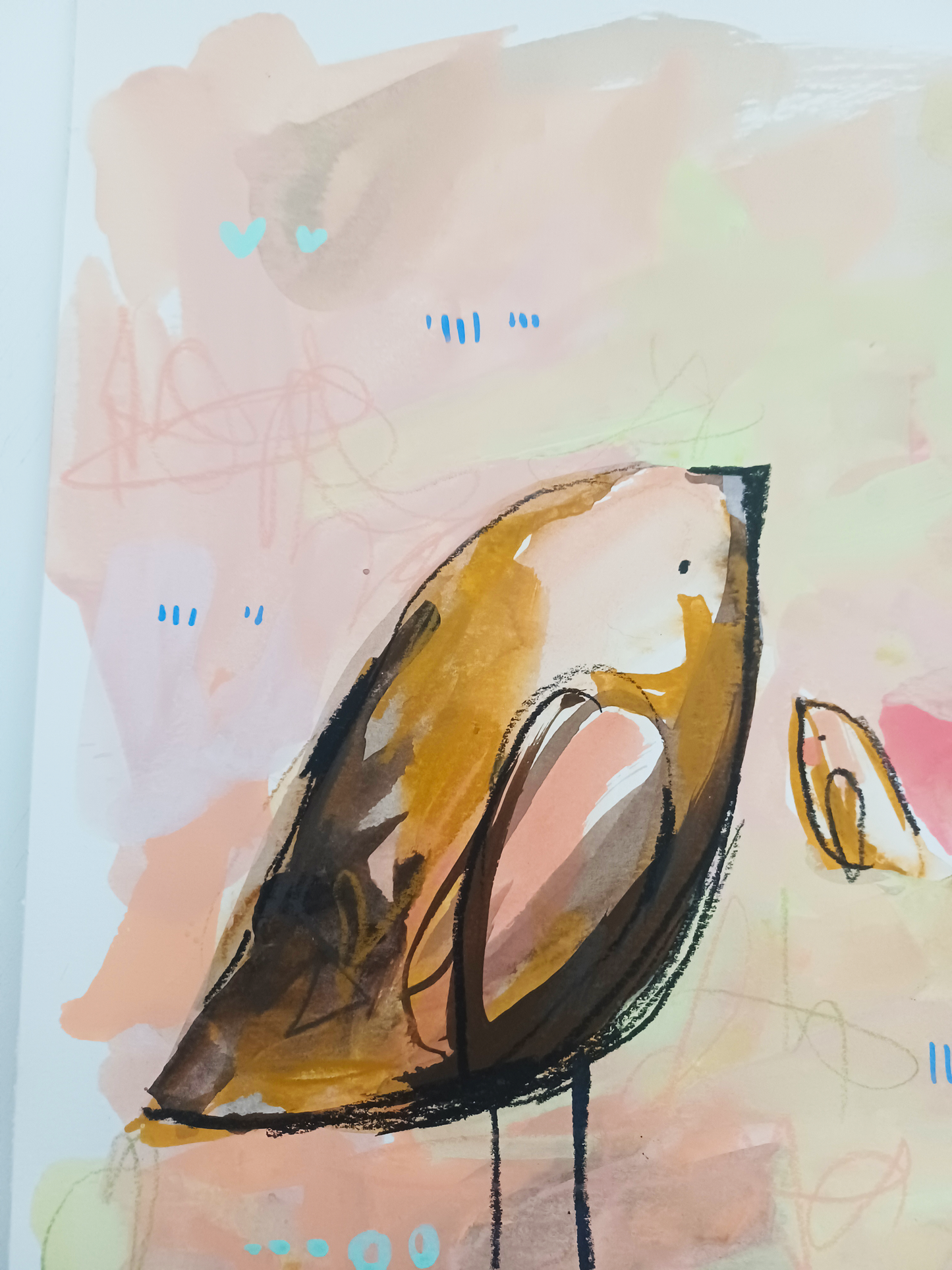 caramel collective, neutral and pink birds mixed media original painting on paper, 15x22, Bella Joie Fine Art, close up details