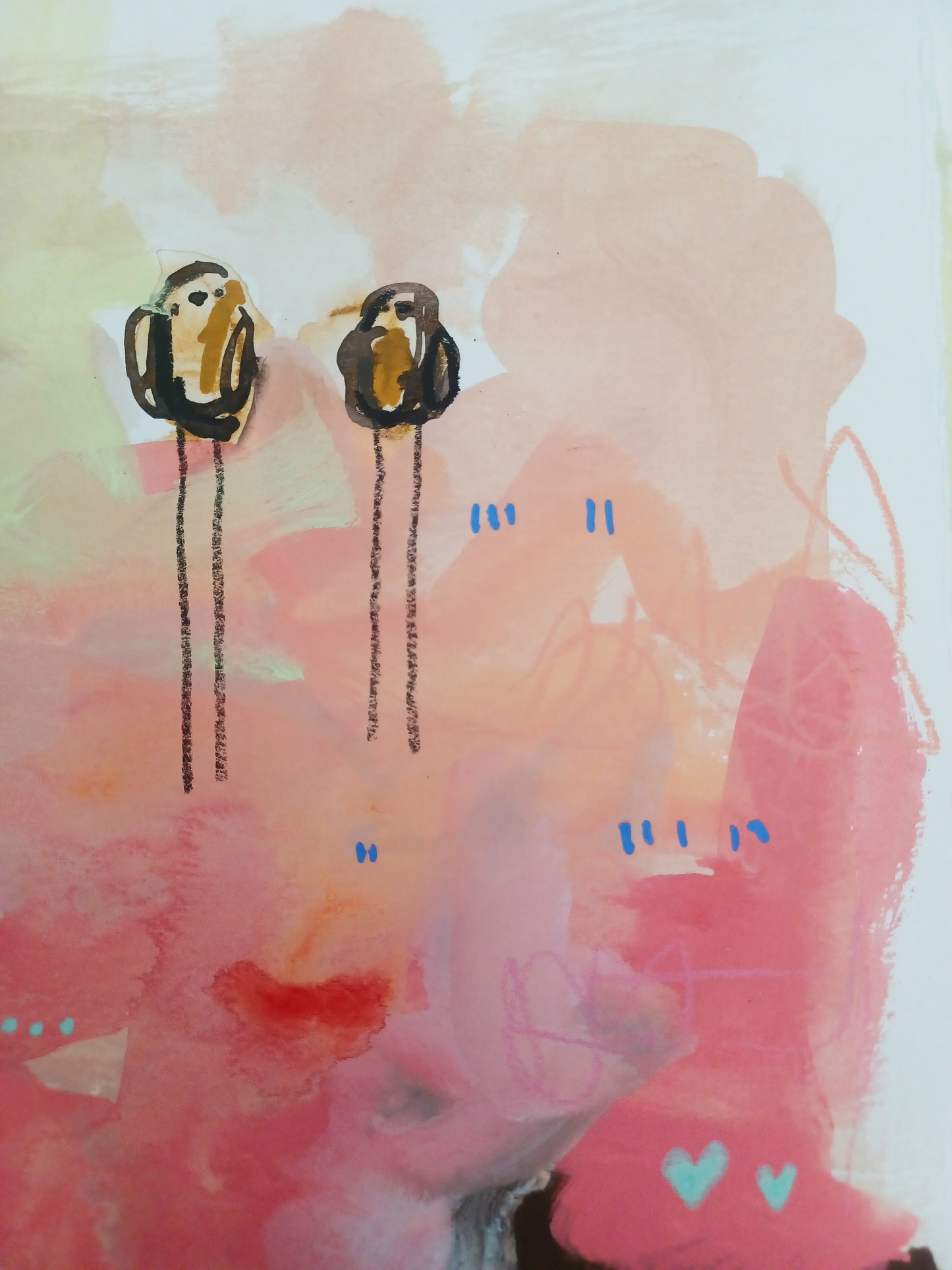 caramel collective, neutral and pink birds mixed media original painting on paper, 15x22, Bella Joie Fine Art, close up details