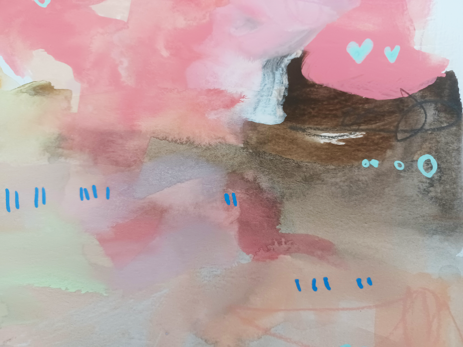 caramel collective, neutral and pink birds mixed media original painting on paper, 15x22, Bella Joie Fine Art, close up details