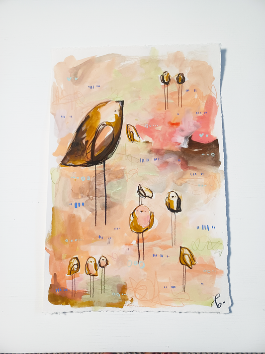 caramel collective, neutral and pink birds mixed media original painting on paper, 15x22, Bella Joie Fine Art, free shipping