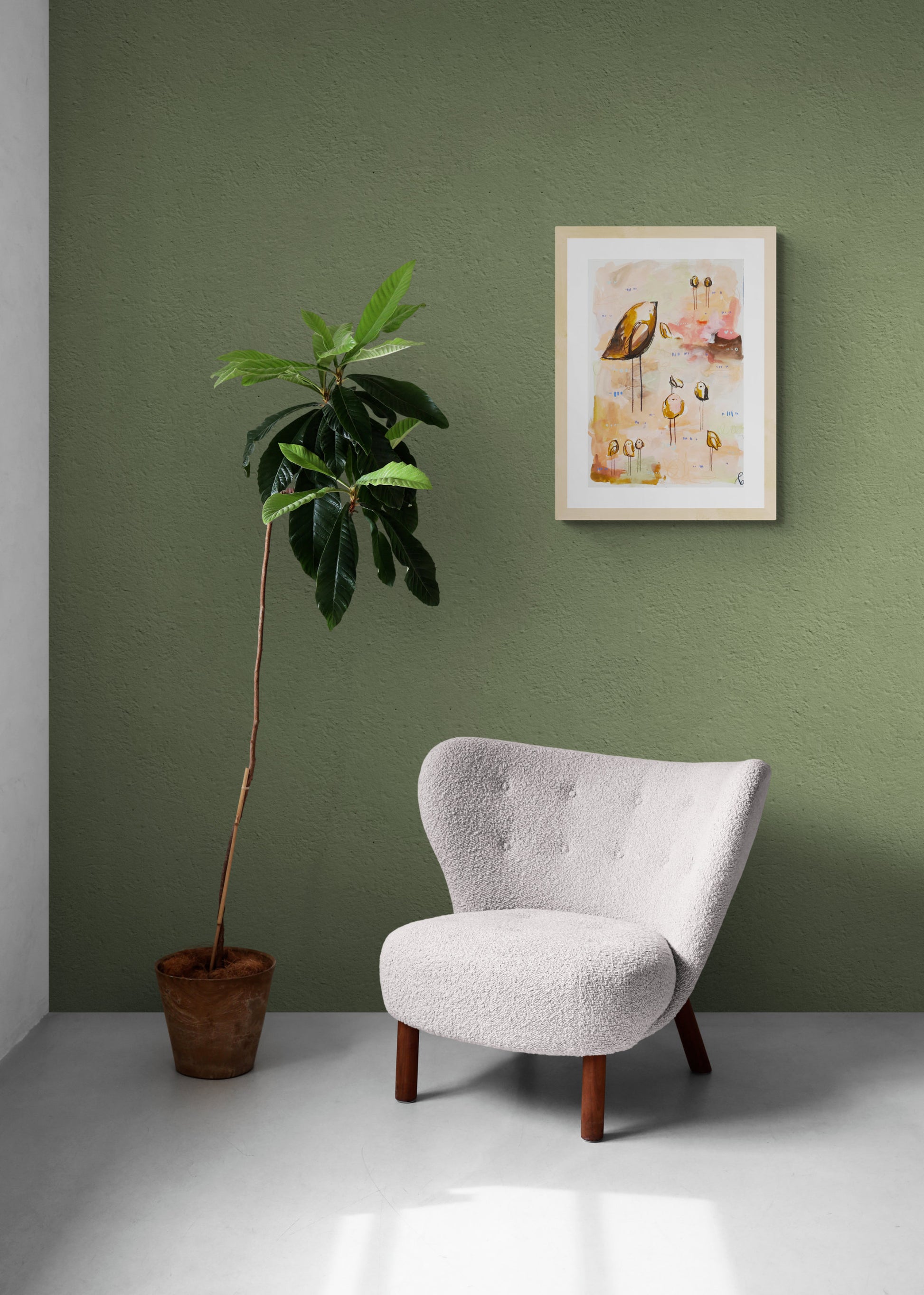 caramel collective, neutral and pink birds mixed media original painting on paper, 15x22, Bella Joie Fine Art, dark room mock up