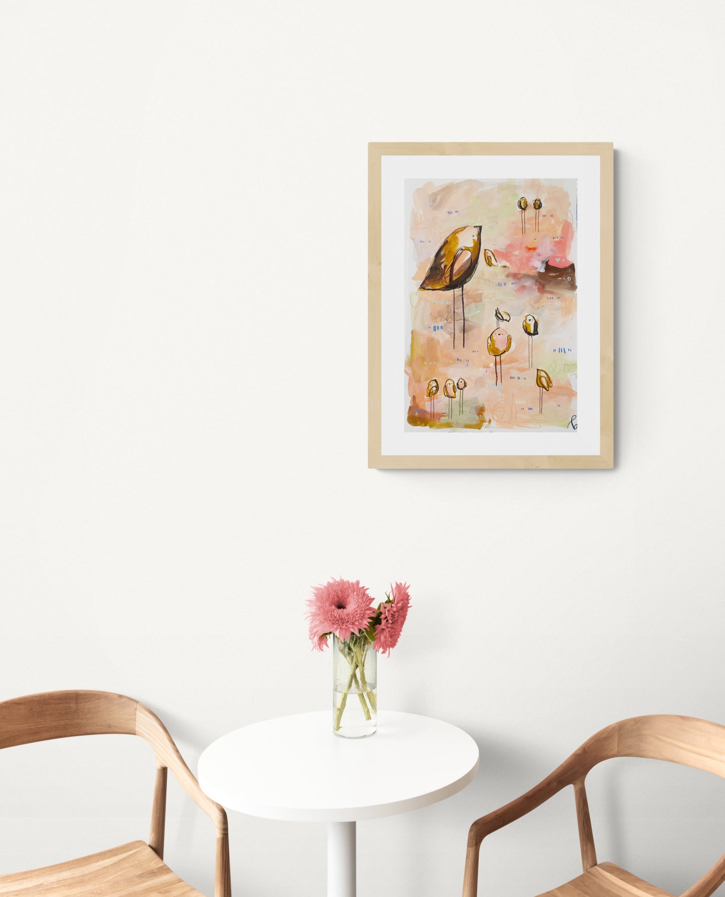 caramel collective, neutral and pink birds mixed media original painting on paper, 15x22, Bella Joie Fine Art, light room mock up