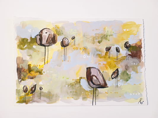 cookie coterie, gold and umber birds mixed media original painting on paper, 15x22, Bella Joie Fine Art, free shipping