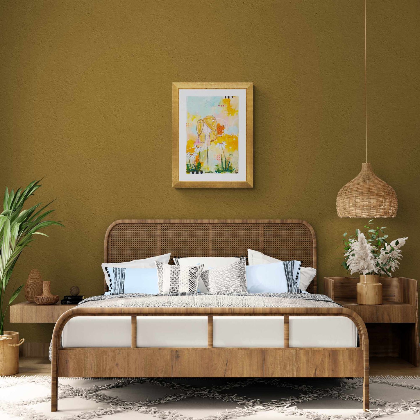 elle, abstract figurative mixed media original painting, mock up in dark themed room, Bella Joie Art
