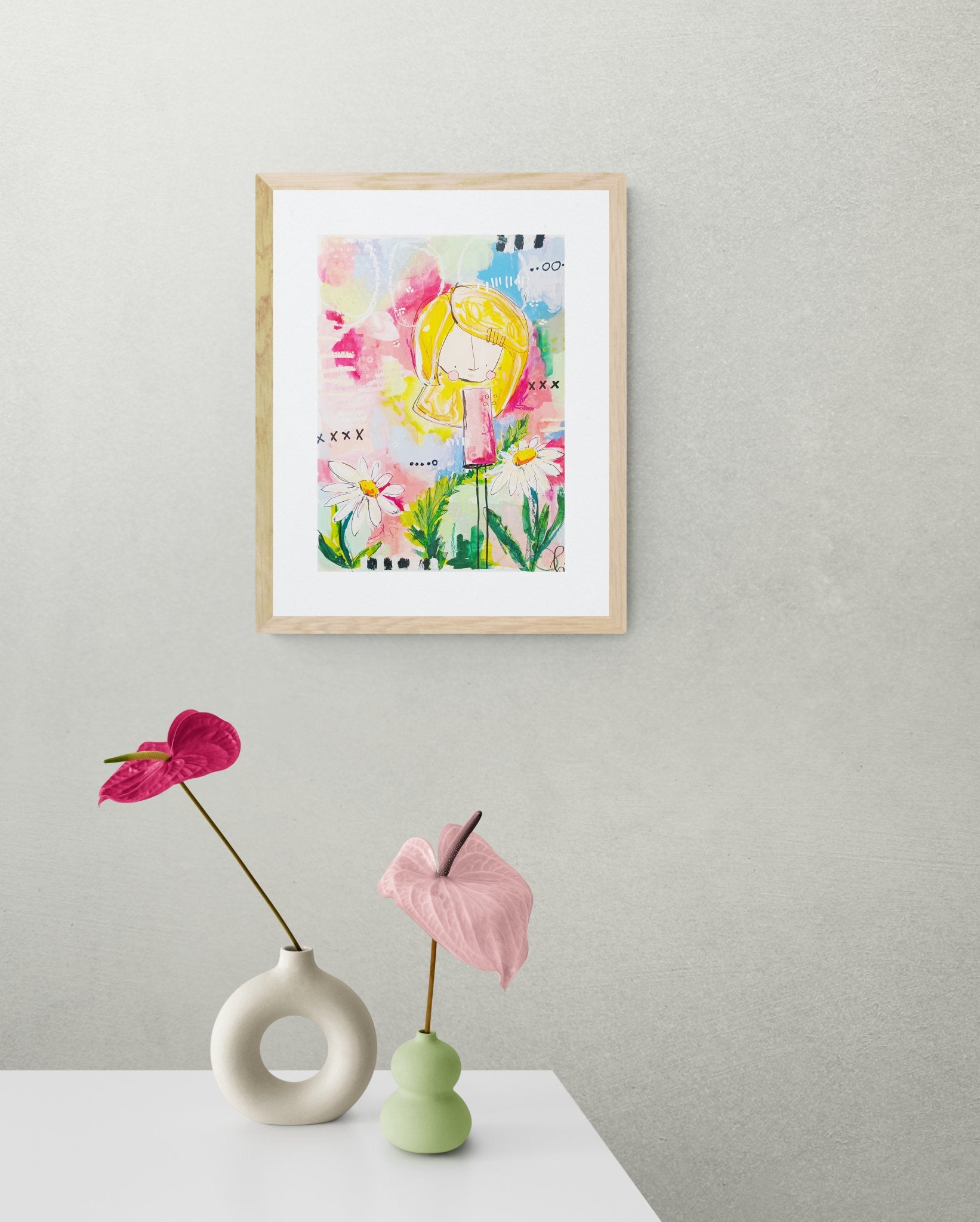 cora, abstract figurative mixed media original painting, mock up in light themed room, Bella Joie Art