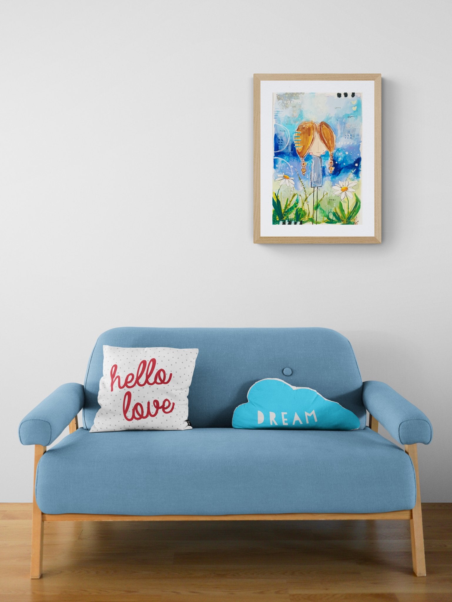 Estelle, mixed media abstract figurative original painting, mock up in a bright white room, Bella Joie Art