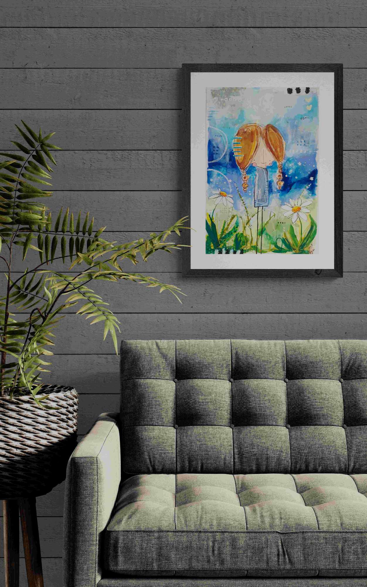 Estelle, mixed media abstract figurative original painting, mock up in dark themed room, Bella Joie Art