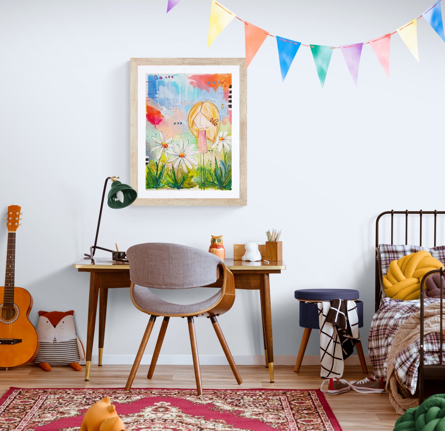 Genevieve, mixed media abstract figurative original painting, mock up in a bright white room, Bella Joie Art