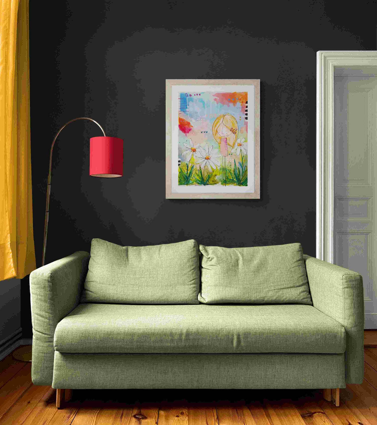 Genevieve, mixed media abstract figurative original painting, mock up in dark themed room, Bella Joie Art