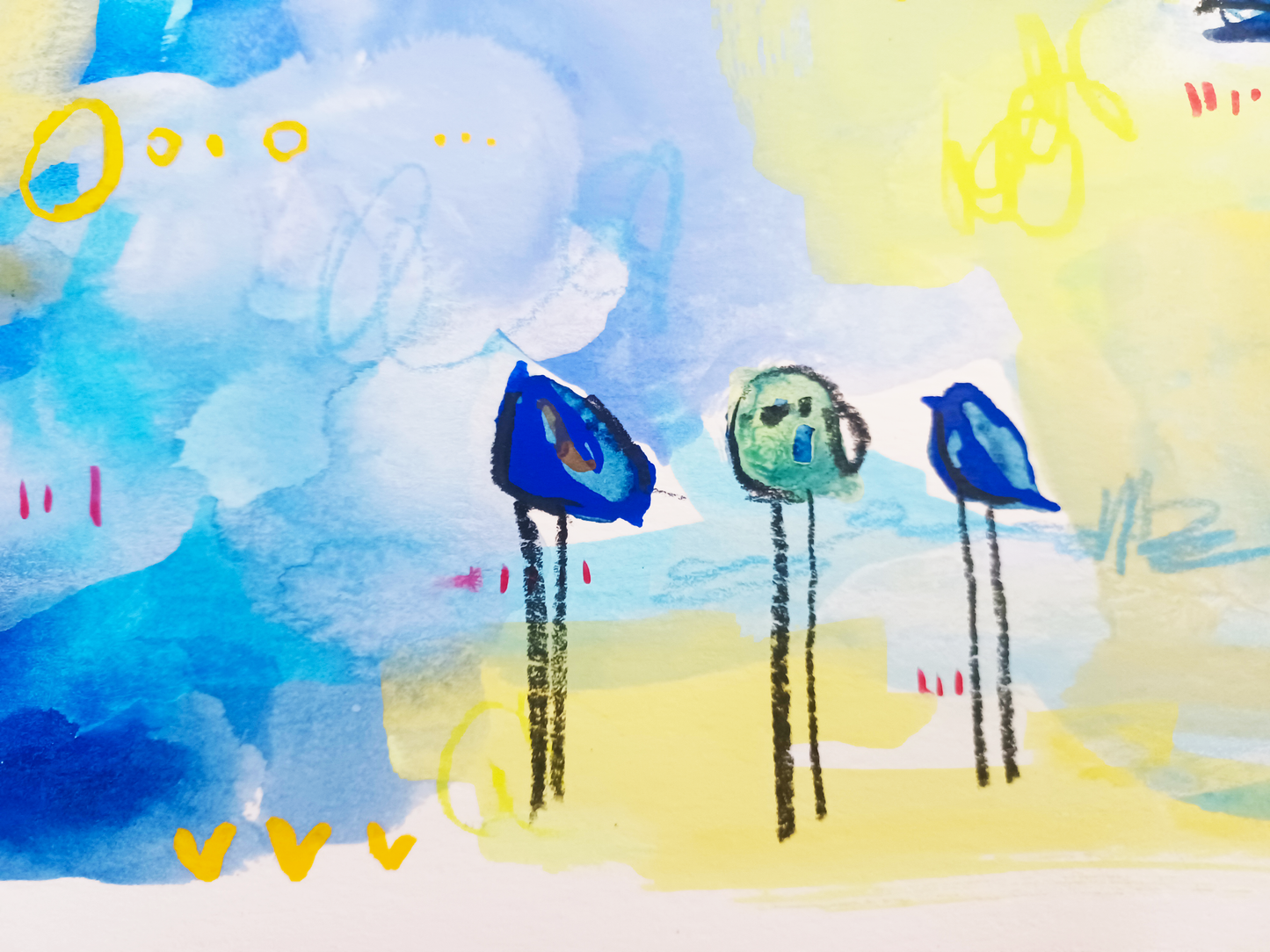 gumdrop guild, yellow and blue birds mixed media painting on paper, 11x15, Bella Joie Fine Art, close up details
