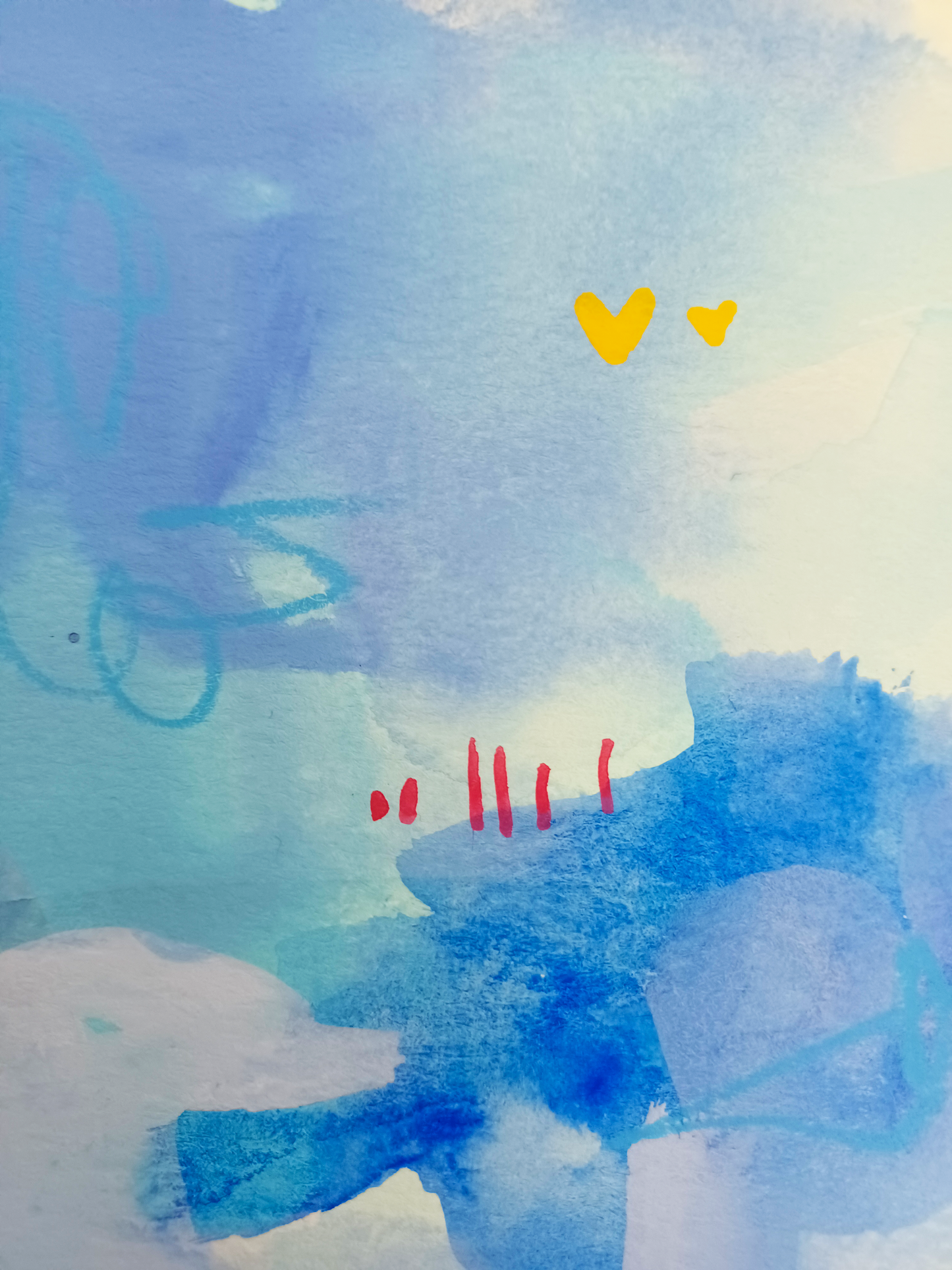 gumdrop guild, yellow and blue birds mixed media painting on paper, 11x15, Bella Joie Fine Art, close up details