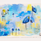 gumdrop guild, yellow and blue birds mixed media painting on paper, 11x15, Bella Joie Fine Art, free shipping