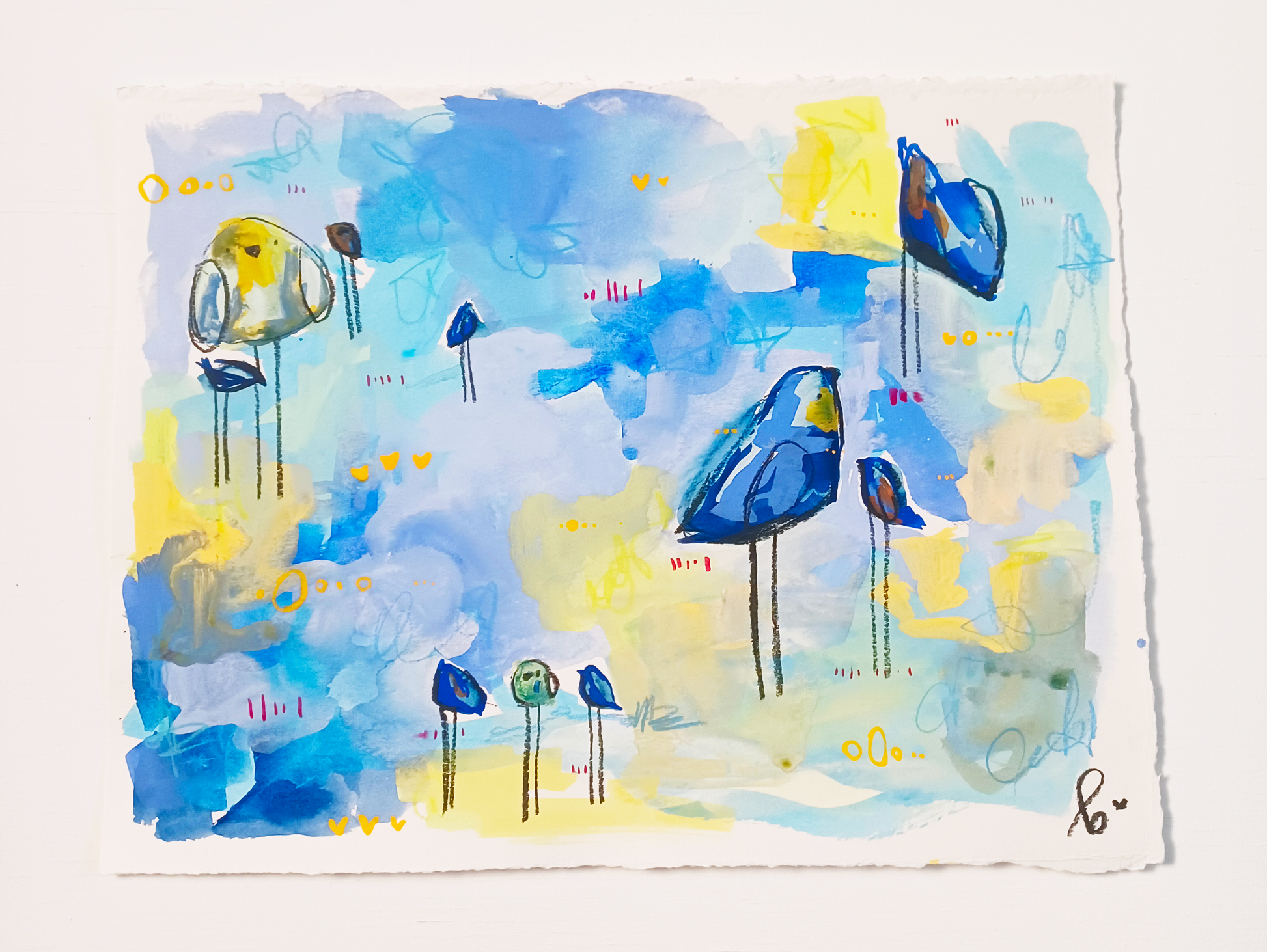 gumdrop guild, yellow and blue birds mixed media painting on paper, 11x15, Bella Joie Fine Art, free shipping