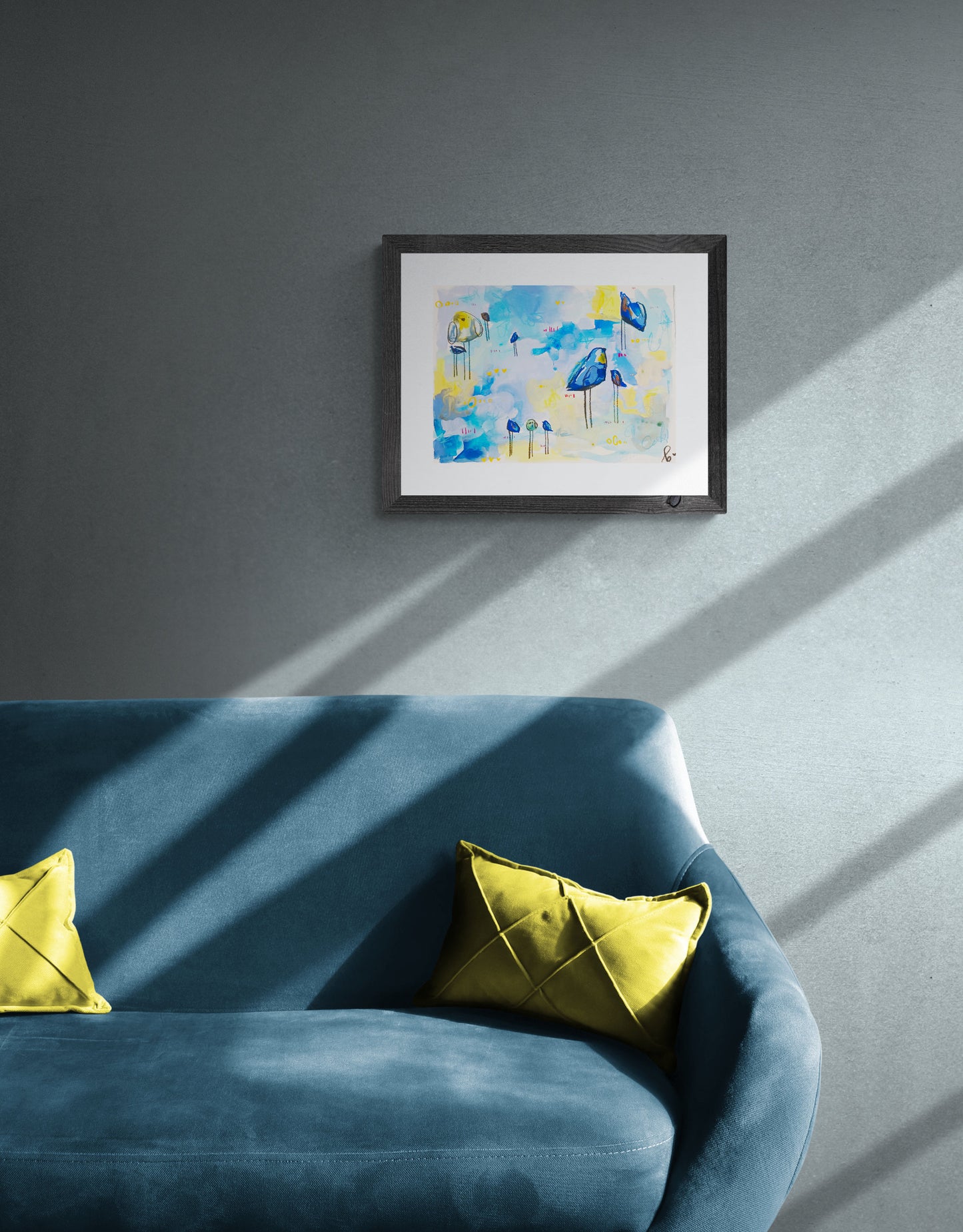 gumdrop guild, yellow and blue birds mixed media painting on paper, 11x15, Bella Joie Fine Art, dark room mock up